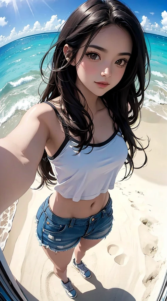 ((8k wallpaper of extremely detailed CG unit, masterpiece, hight resolution, top-quality)), (Beautiful woman with dark hair, Hands in pockets:1.4, Street fashion, Wearing a camisole, Wearing micro mini shorts, Wearing sneakers:1.2), ((extra detailed face, Highly detailed black eyes, extra detailed body, Top quality real texture skins)), (de pele branca, Exposed belly), (sand beach, sea side, blue-sky, rays of sunshine), ((high-angle:1.2, Fisheye:1.3)), hyper realisitic, digitial painting,