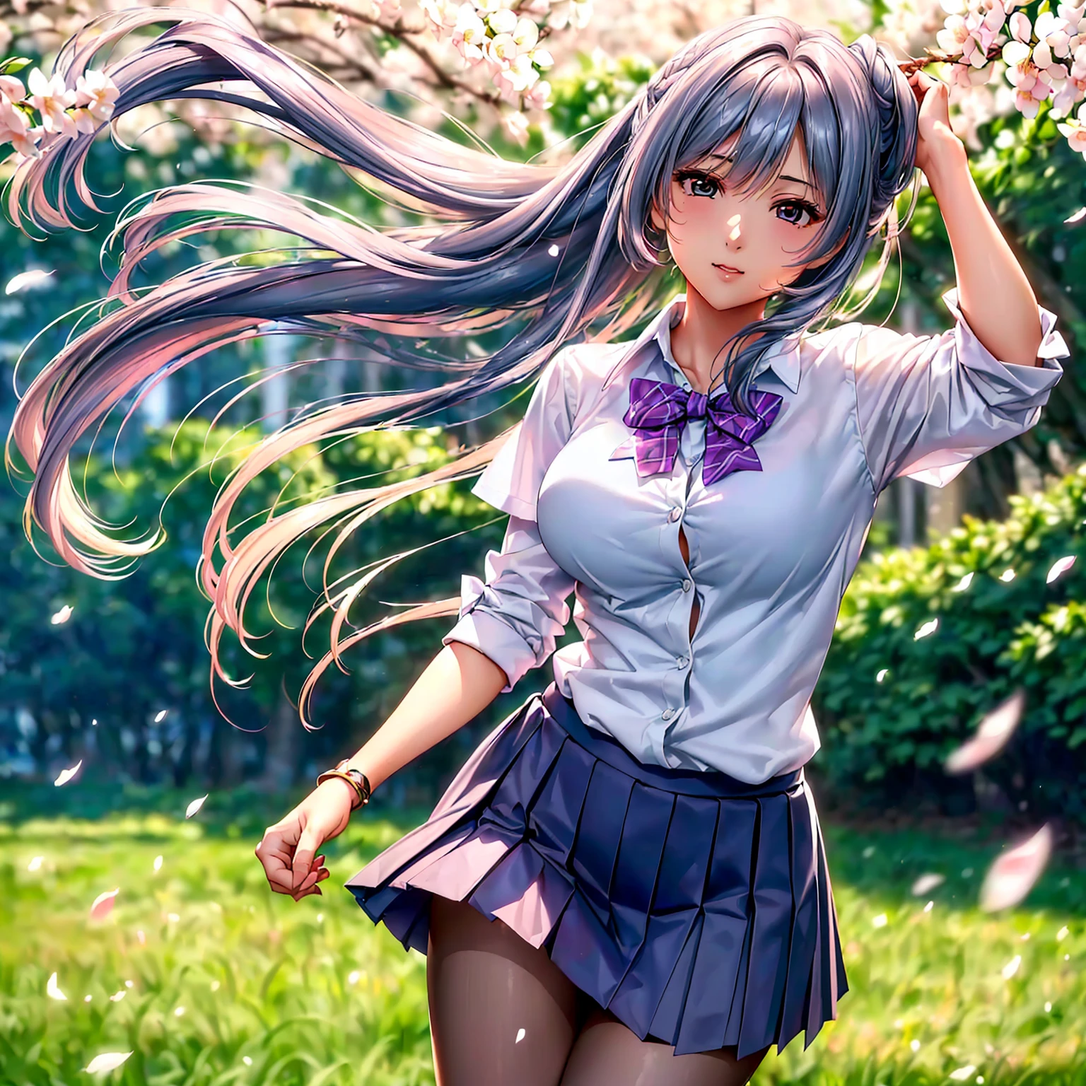 (top quality picture、masterpiece level、very high res、超A high resolution,High-quality detail)、(An 18-year-old beautiful girl with perfect and ultimate beauty.,beautiful breasts and body shape,Beautiful body,美丽的面容,Strong-willed eyes:1.5)、(poneyTail,The bangs are neatly arranged,Straight long side hair,Beautiful hair:1.2),Realistic textures,beautiful colors,(Wearing a white blouse,bow ribbon,Wear a cardigan,wear a dark blue blazer,Wear a plaid pleated skirt,(Wearing a Japan high school uniform,high-school uniform,School uniform,hi-school girl,schoolgirl),has a bright smile,line of sight,Mouth opens,The wind is blowing(The wind blows and the skirt flaps 1.2),Hair flutters under the influence of the wind,Park at night,A path lined with flourishing cherry blossom trees,Cherry blossoms scattering,Beautiful Landscapes,(The whole body,thigh visible,accurate anatomy、extremely detailed picture、Accurate images、Perfect Image 1.5)、beautiful anime woman, Beautiful Art Style, an animated character、(The whole picture、Detailed picture、Defect-free images、natural soft light、beautiful image),(Best Shot 1.2)