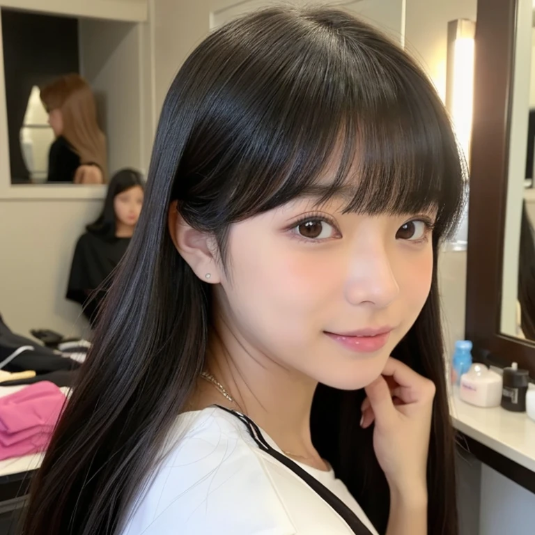 An ultra-high picture quality、Perfect Photo、18-year-old beautiful girl、Japan beautiful girl、hi-school girl、light skinned、slender、Black Haired Beautiful Girl、cute little、Beautuful Women、(((look at the dressing table)))、(((Hair styling)))、((( Putting hair together)))、(cute and stylish items、(tiny chest)、With bangs、、(hate)、(Painful)、(half-opened mouth)、sports hair、Straight hair、glares、semi long hair、