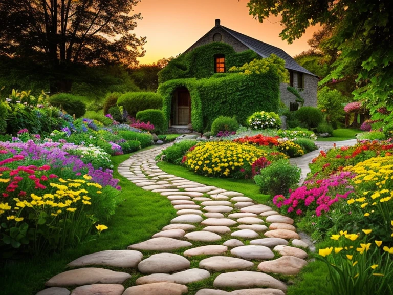 Flower garden, stone path, rustic house background, sunset, human perspective, high quality