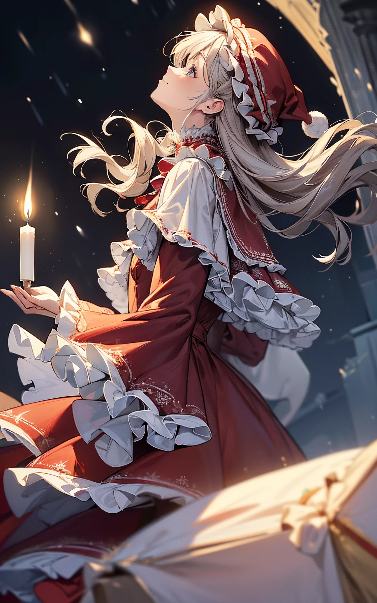 ((Profile looking up from below))、Perfect human body、christmas night、(((He wore a Santa suit decorated with lots of frills.、victorian santa outfit)))、One lady、Profile close-up、 (((lighting a candle)))、A slight smil、 (long  skirt)、hair adornments、kirakira、Black tights、Falling snow、large hat