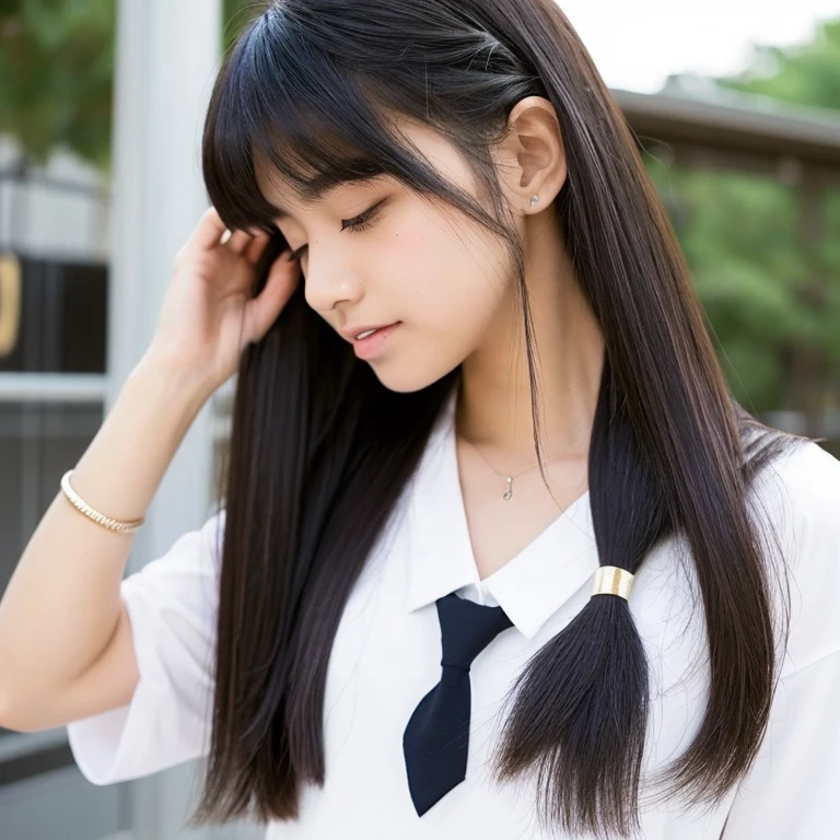 An ultra-high picture quality、Perfect Photo、18-year-old beautiful girl、Japan beautiful girl、hi-school girl、light skinned、slender、Black Haired Beautiful Girl、cute little、Beautuful Women、(((Hair styling)))、((( Putting hair together)))、(Cute and stylish items、(tiny chest)、With bangs、、(hate)、(Painful)、(half-opened mouth)、sports hair、Straight hair、glares、semi long hair、