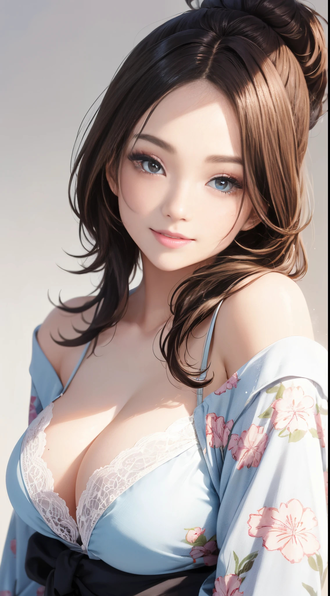 8K quality、quality、On a table、super high image quality、ultra - detailed、Ultra-realistic hair texturee energetic with colorful women、long beautiful hair、shinny hair、Delicate hair、blue mesh、pony tails、eBlue eyes、Skin glows、lace underwear big breasts、Diagram of mole on chest、large pecs、The chest  particularly large、Sweaty forehead and cheeks、The large、Fluffy off-the-shoulder yukata、A smile、soft pink lips、Surreal sensibility、Reddening cheeks、summer festival background