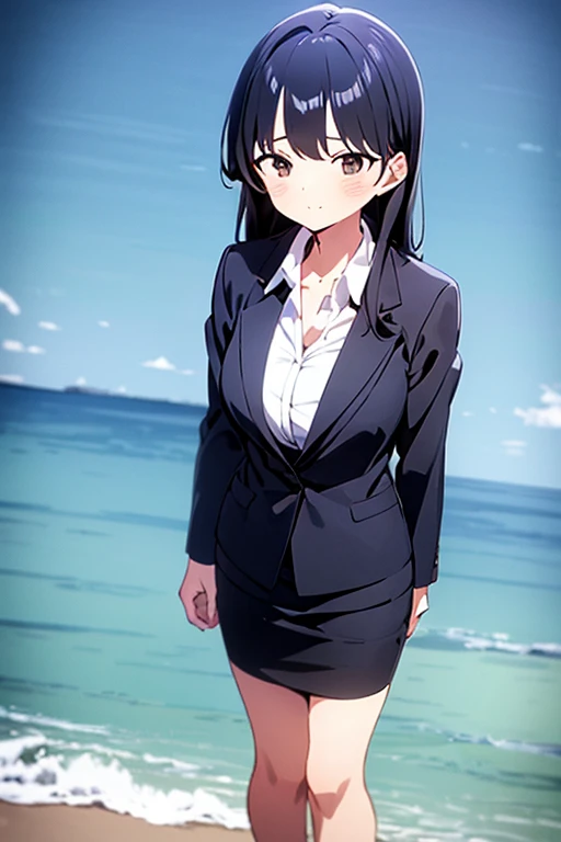 1girl, anna yamada, beach background, suit, office lady, black skirt, black blazer, pencil skirt, white shirt, long hair, ager, looking at viewer, full body