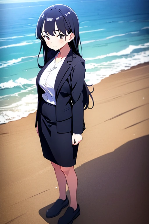 1girl, anna yamada, beach background, suit, office lady, black skirt, black blazer, pencil skirt, white shirt, long hair, teenager, looking at viewer, full body