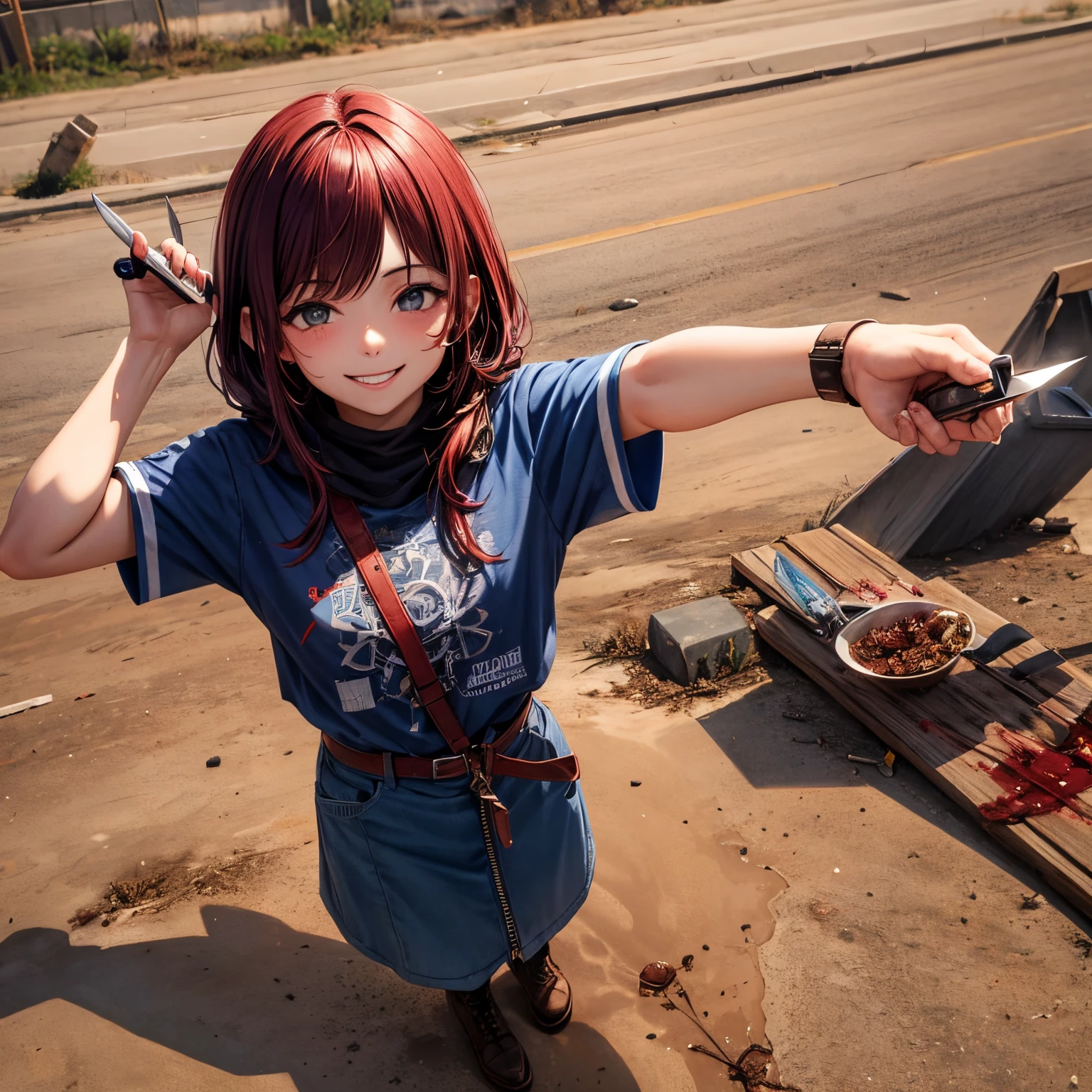 Garoto sorrindo psicotamente, looking at the ground with a knife in hand, cheio de sangue, com um moletom cinza
