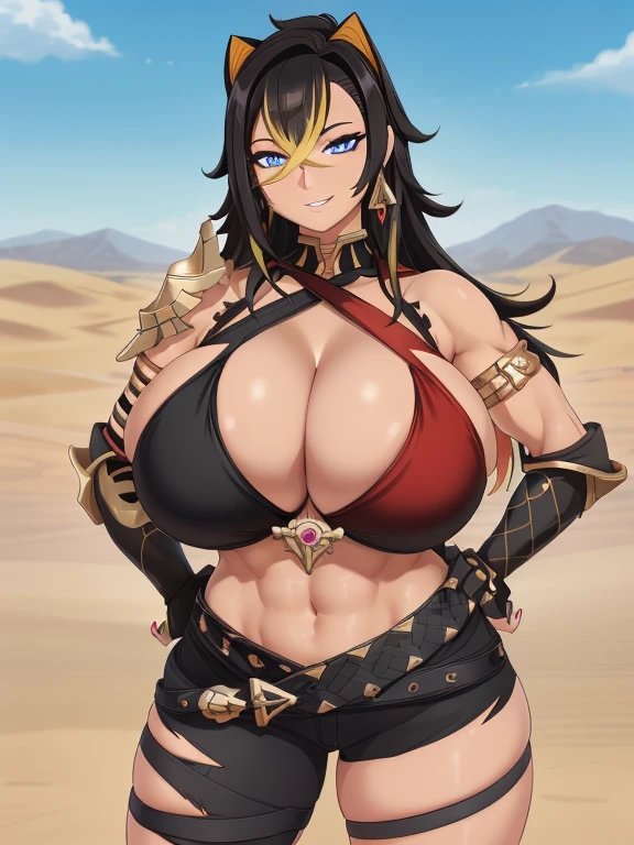 ((masutepiece)), (Best Quality:1.7), (Detailed:1.4), (hight resolution:1.4), 8K, (Colorful:1.5), 2D, High resolution, Sharp Images, Raw photo, Dehya_Genshin, 1girl in, (((Solo))), Black hair, Long hair, Blue eyes, big eye、A smile, middle body, Blonde bangs, Cat eariddle body)), Black pants, Shirt,Torn clothes, Cowboy Shot, (((Jewelry))), Black Gloves, (((armor))), thighs thighs thighs thighs, 鎖骨, Official Custom Rep, Armor Choker, A desert, cleavage, Parted lips, striated hair, Midriff, Hair intake, dark skinned female, halterneck, armlet, Black Gloves, ((criss-cross halter)), Torn clothes, Belt bag, Red Nails, nail polish, (((Armor Armlet))), fingerless glove, Two-tone breasted, closes mouth, Narrow eyes, eye line, ((Looking at Viewer)), Red chest, ((Bare legs)), Sunset, Gloves with claws, (((shoulder armer))), Armor Bracelet, Belt Armor, (earrings), Gold Chain, ornaments,Stand up，hand on own hip，tmasterpiece,Huge stacked breasts，The kinky  exposed ，（Surreal breasttremely full breasts）），（（Super large）），Big breasts Thin waist，（（（Extremely large breasts））），seductiv，High detail，hyper qualit，high resolution，8K，8k smooth，(reality: 1.2)，(Highly realistic, Ultra-realistic, photograph realistic)，(Realism: 1.2)，Solo，(Perfect feminine curveig breasts:2)，(Huge breasts:2)，(gigantic cleavage breasts:2)，(Large breasts:2)，(Bare tits:1.4)，(chiseled abs : 1.1)，Nice strong legs，，(Curvy:1.1)，Narrow waist，(gigantic hip:1)，(Thick thighs:1)，(Thick legs:1)，Muscular，(body builder:1.5)