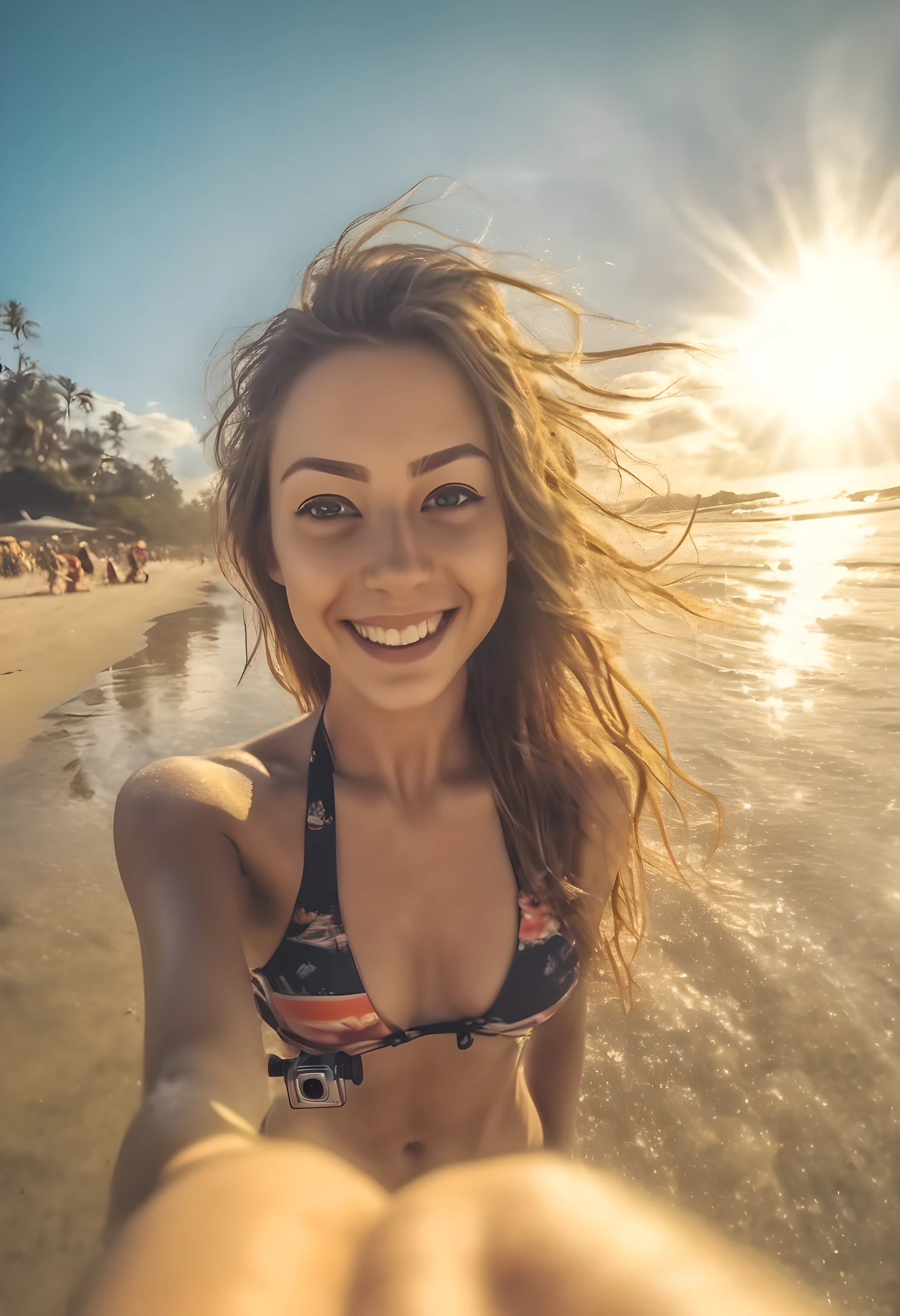 , Beautiful girl taking photos with GoPro camera, Wearing a swimsuit to the beach, Wet, ssmile, sharpy face, gentlesoftlighting, fisheyelens, sunflare,