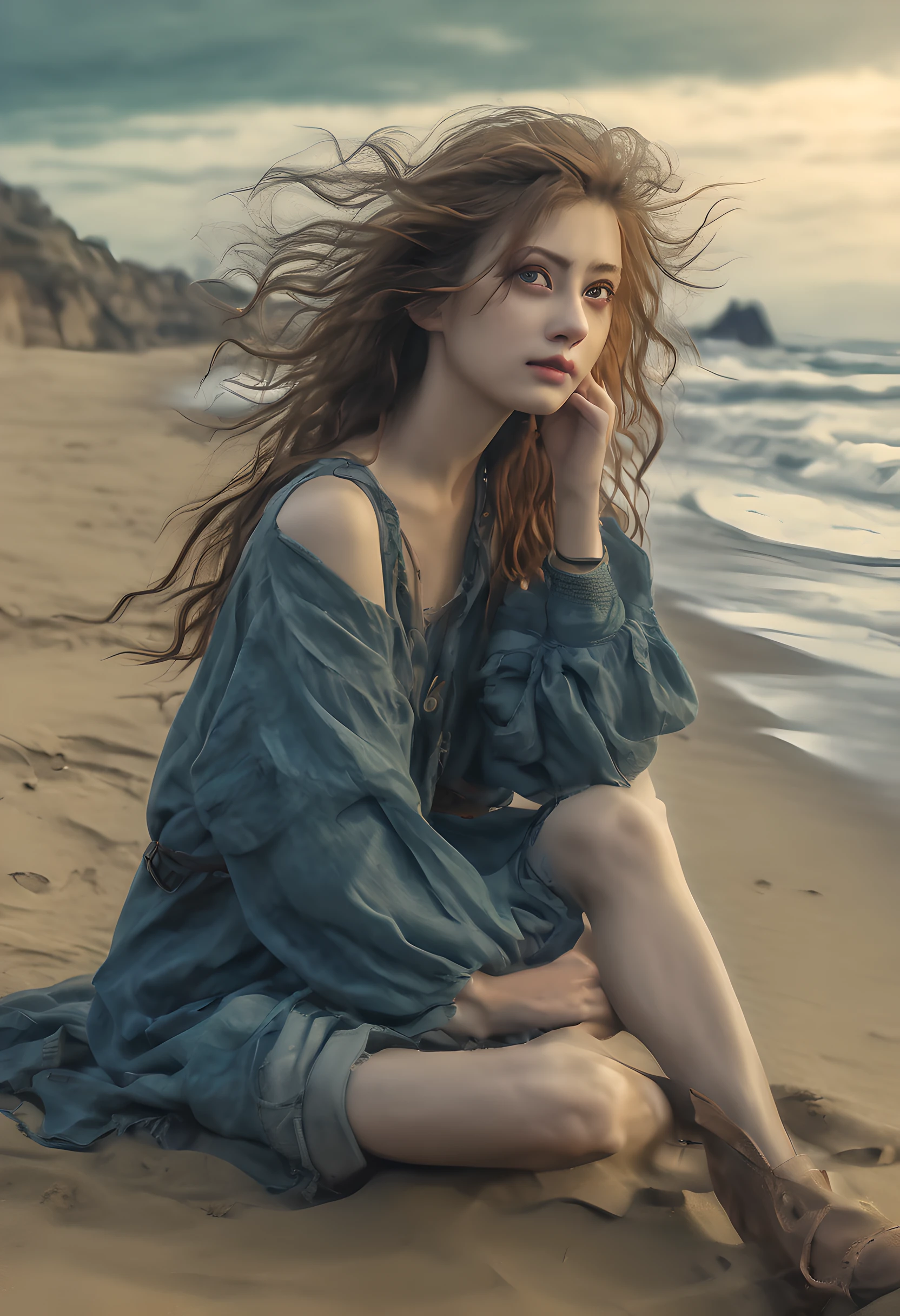 (tmasterpiece:1.3), (8K, realistically, RAW photos, Best quality: 1.4), , ultra - detailed, 电影灯光, HighDynamicRange, illuminations, The landscape, 1 french girl, (pastelcolor), post apocalyptic beach, natta, Desolate atmosphere, girl sitting on the sand, Cover vegetation, (overcast day), The waves lapping against the shore, (Melancholy but hopeful), quiet moment of rest, (Detailed texture), Hair  ruffled by the wind, Cloudy at night， Beautiful hairstyle, photorealistic eye, pretty eyes, pretty eyes, (Realistic skin), Beautiful skins, Attractive, hyper HD, k hd, the golden ratio, the detail,blue pupils beautiful pupils