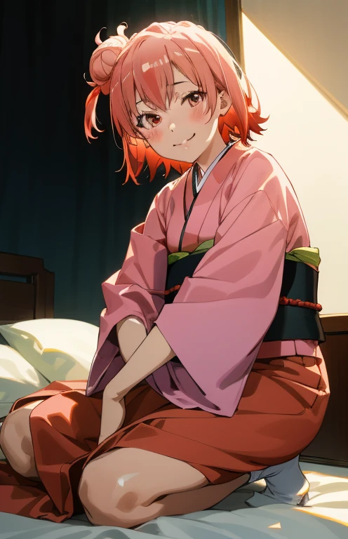 masutepiece, High quality, Best Quality, High resolution, 4K, High Definition, Beautiful lighting,Highly detailed face, well-drawn hands, well-drawn legs,well-drawn feet,well-drawn eyes,1girl in, Short hair, Pink hair, Pink eyes, Yui, Hair bun,red japanese clothes，Kimono，Furisode，long  skirt、-Like that，Smiling