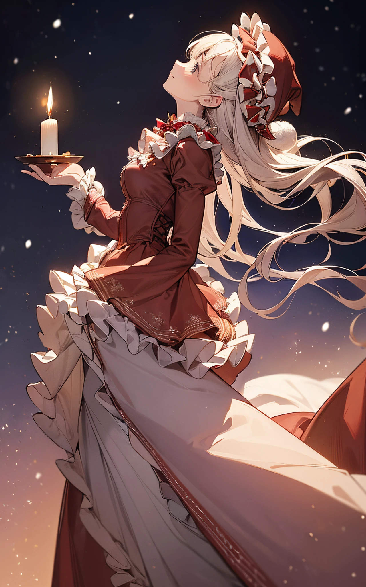 ((Profile looking up from below))、The theme is pink、Perfect human body、christmas night、(((He wore a Santa suit decorated with lots of frills.、victorian santa outfit)))、One lady、 (((lighting a candle、candelabra)))、A slight smil、 (long skirt)、hair adornments、kirakira、Black tights、Falling snow、large hat