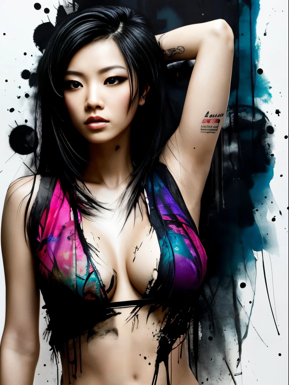 esthetic, estilo painterly, tinta moderna, asian girl, sensual, sensual, blusa escura, pose expressiva, urbanpunk, fundo multilayer abstrato da textura, neo-expressionista , Russ Mills, Ian Miller