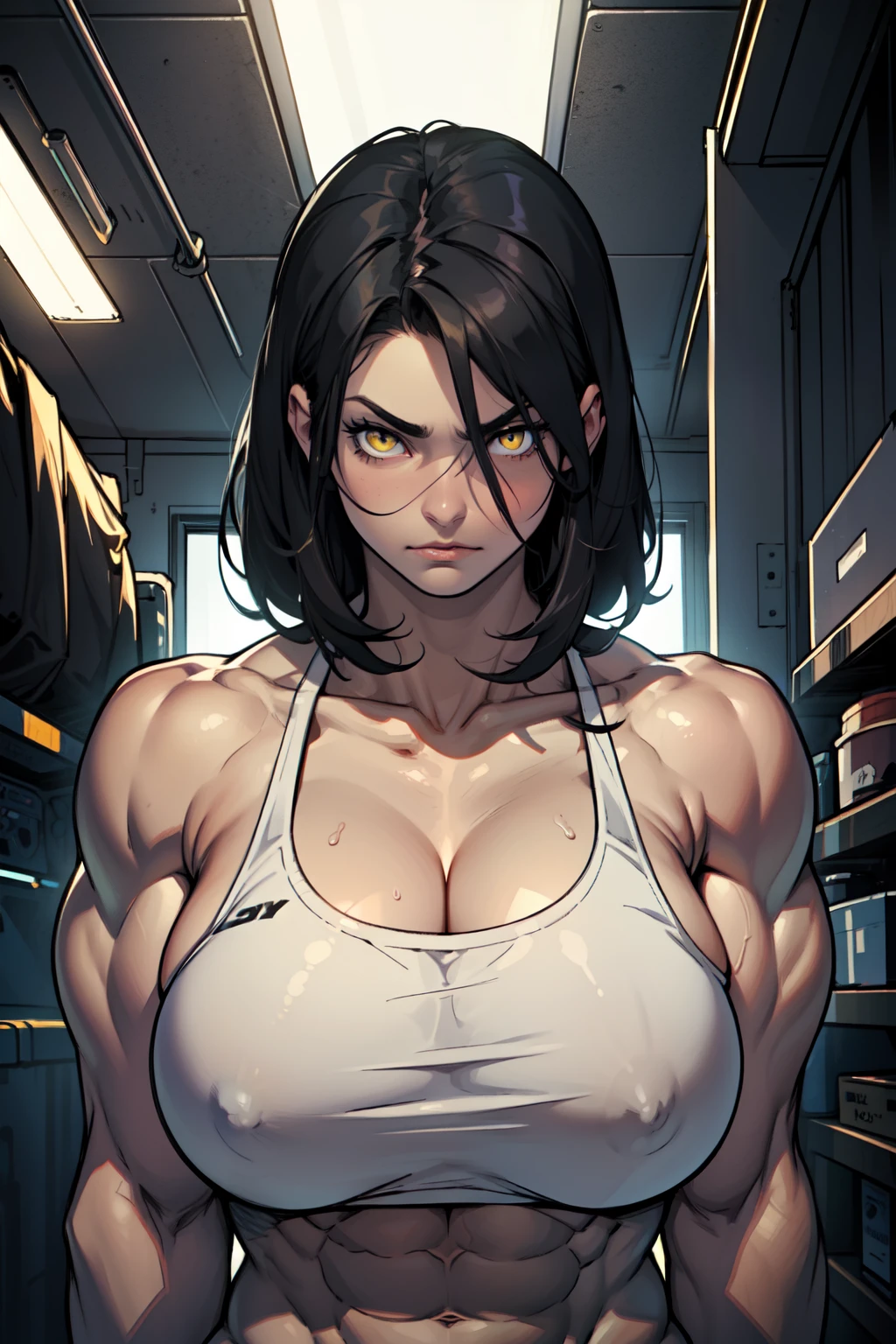 (((girl muscular))) ((toned body huge breasts)) pale skin black hair yellow eyes dark atmosphere sad sad sad thick thick thick