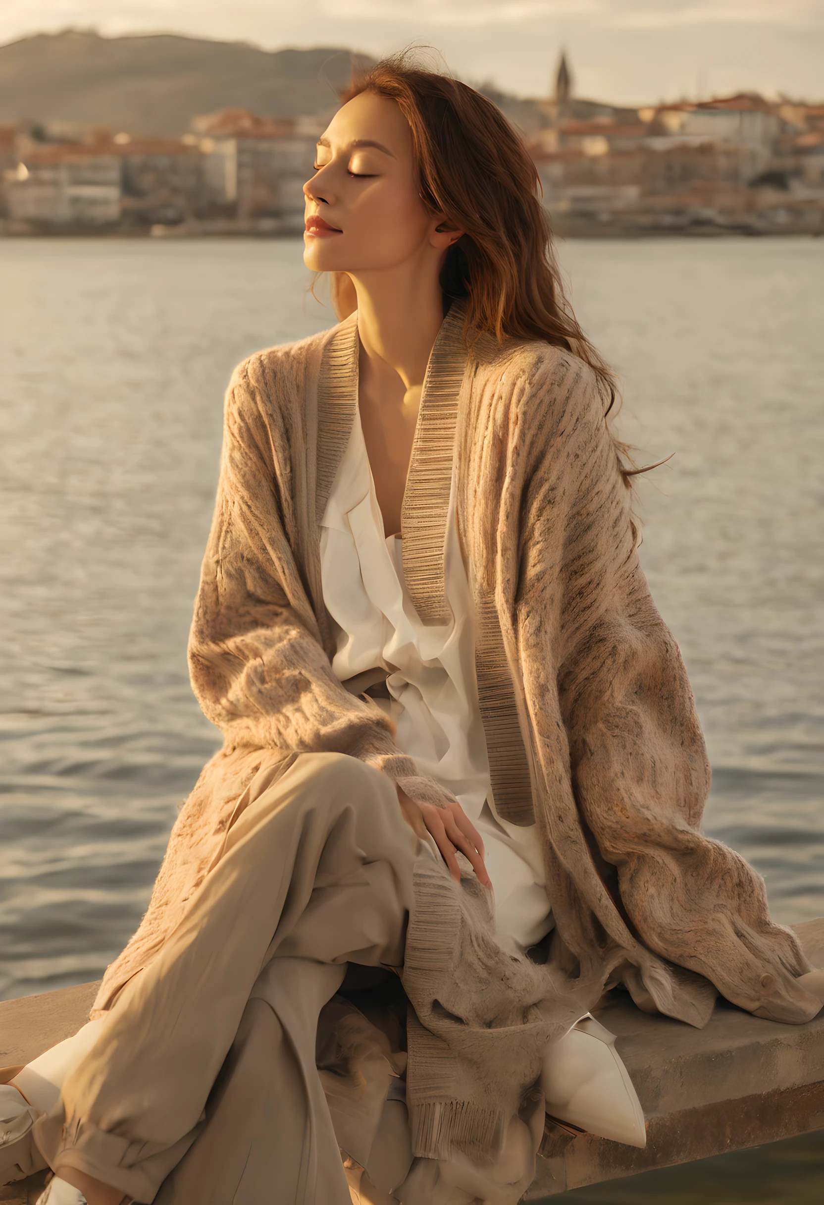 A woman sits on a bench by the water with her eyes closed, delamination, Oversized, Cardigan shirt, wearing casual sweater, wearing a cardigan, wearing a cardigan, pastels, Wearing an oversized sweater, Wear it for a long time, Flowing clothes, beautiful afternoon light, Beautiful image, Light brown, Gray, in the afternoon, Soft light shines from the side, Detailed picture, Fashionab, author：Nico Henrikong