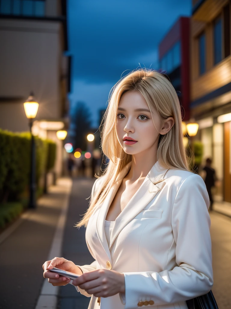 tmasterpiece,Highest image quality,super detailing,(1 Sister), The beautiful, amazing face and eyes, Cosmetics for a delicate and beautiful face), (The best look), (Beautiful big breasts:1.1), (Best quality at best:1.4), (ultra - detailed), (extremely detaild的 CG unified 8k wallpapers), Very meticulous, RAW photogr, professional photoshooting, ((buisness suit)), (Open business shirt),blond hairbl,Outdoor sports, (down town, nightcity, lamplight), (nigh sky), depth of fields,