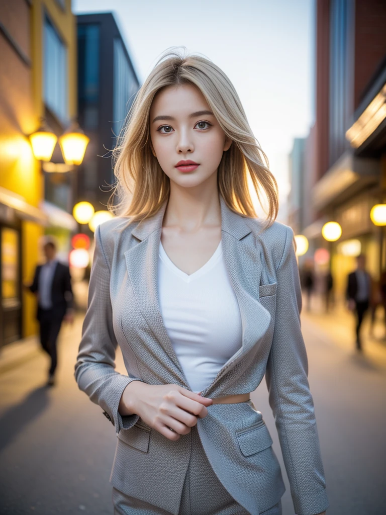 tmasterpiece,Highest image quality,super detailing,(1 Sister), The beautiful, amazing face and eyes, Cosmetics for a delicate and beautiful face), (The best look), (Beautiful big breasts:1.1), (Best quality at best:1.4), (ultra - detailed), (extremely detaild的 CG unified 8k wallpapers), Very meticulous, RAW photogr, professional photoshooting, ((buisness suit)), (Open business shirt),blond hairbl,Outdoor sports, (down town, nightcity, lamplight), (nigh sky), depth of fields,