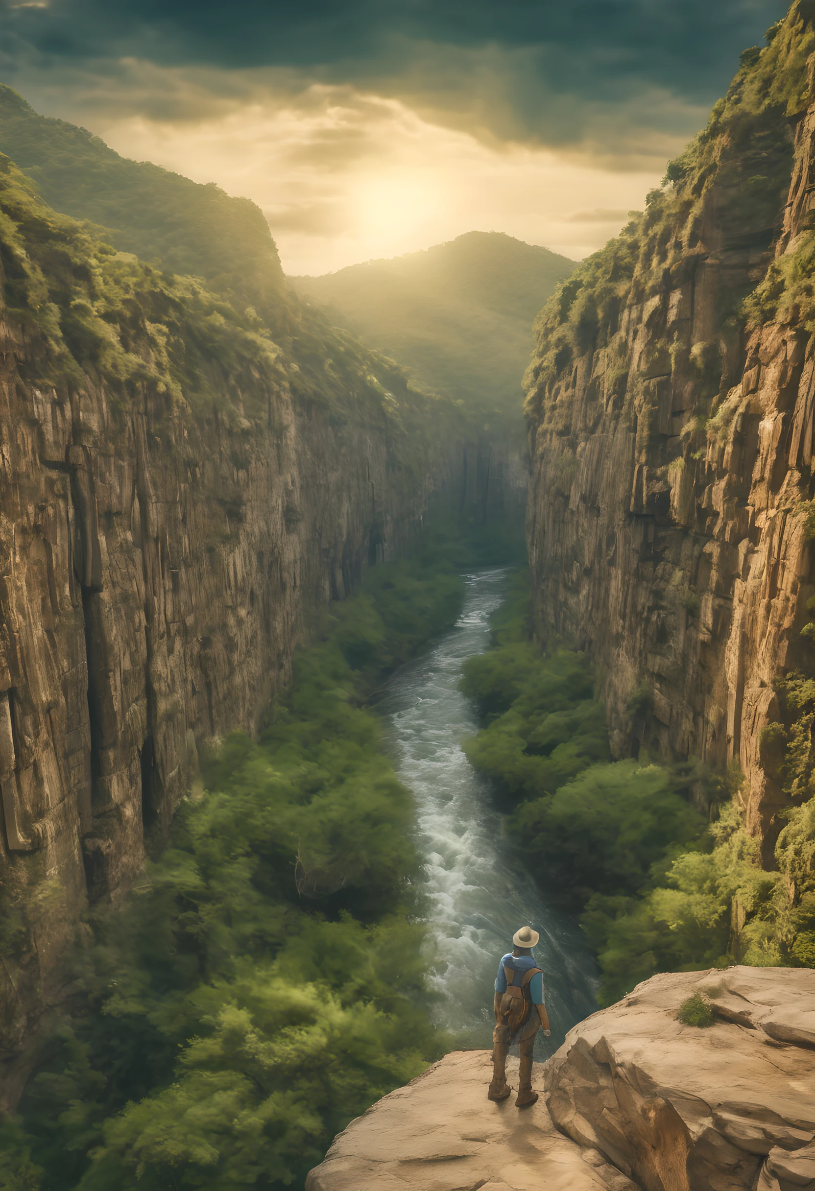 1 Man standing on rock ledge overlooking river, The huge chasm, 8k hdr movie still, 8k hdr movie still, largest river, 8K movie stills, Ancient ruins and waterfalls, highly detailed 8k photography, very close to real nature, 8K matte painting, great photo, 8K matte painting, Abyss, Unsplash Contest Winning Photos