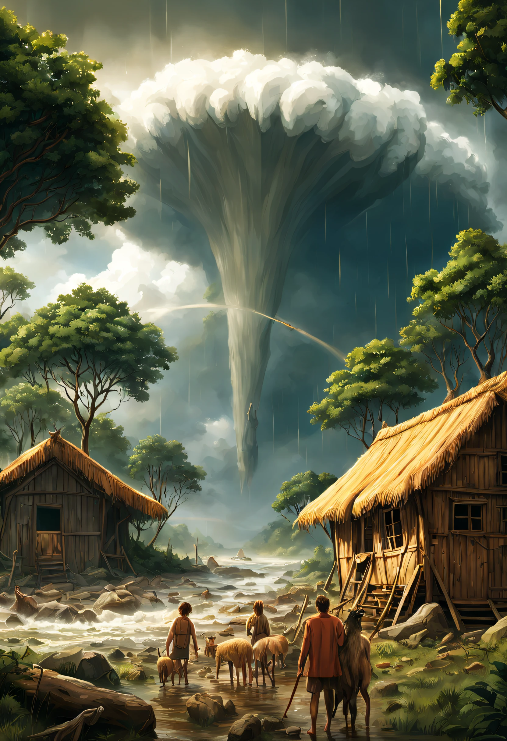 (best quality,4k,Altas:1.2),um grupo de pessoas vestindo roupas de pele de animal,living in houses in the forest while the biblical flood comes and kills everyone,illustration,estilo cartunesco,vivid colors,dramatic lighting,ambiente rural,chuva forte,lightnings,Tempestade poderosa,ancient civilisation,Fim do Mundo,apocalypse,A ira da natureza. In the distance we see Noah&#39;s ark and a large tsunami