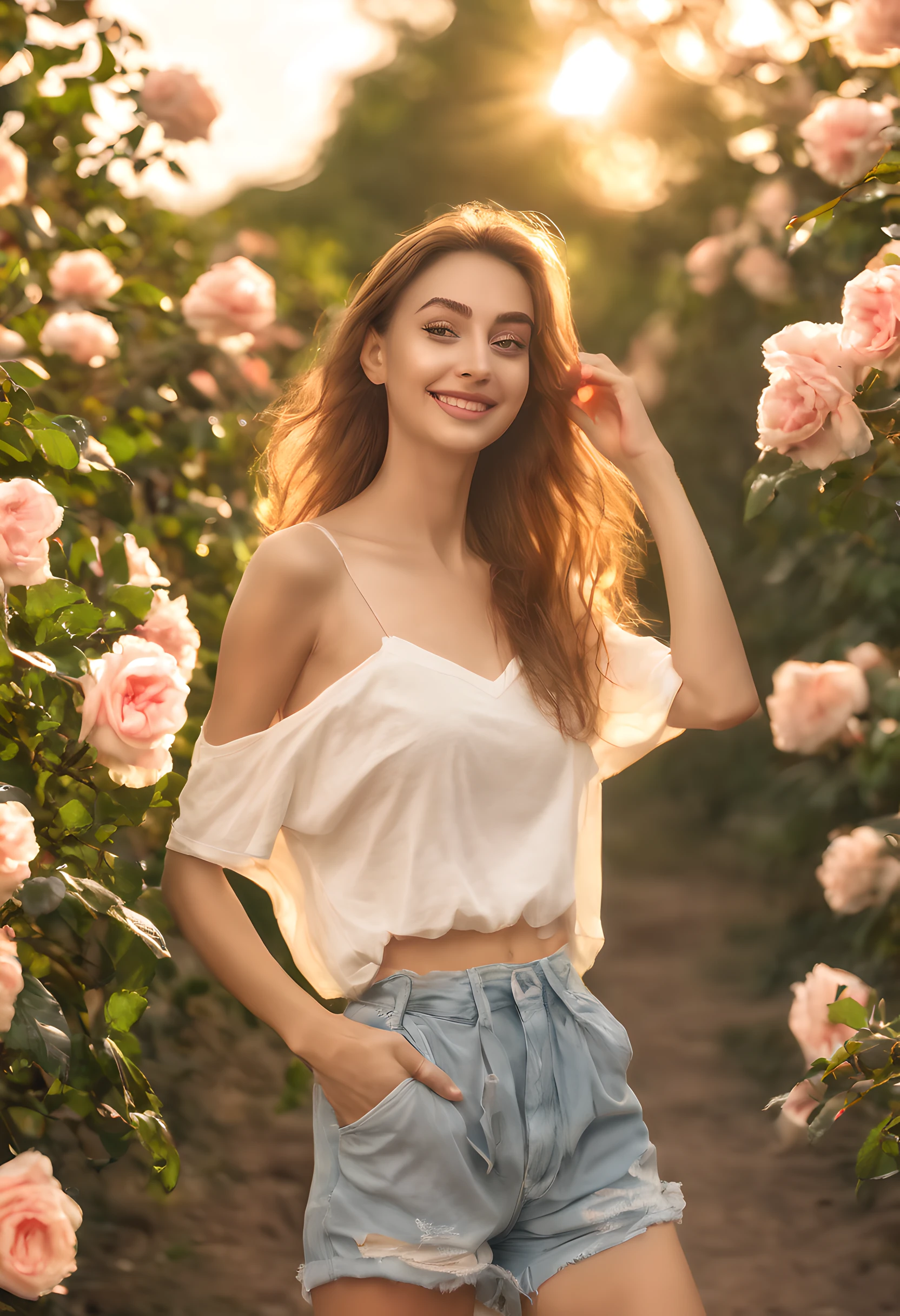 (tmasterpiece:1.3), (8K, realistically, RAW photos, Best quality: 1.4), , (1 girl),25 age old, Nice face, (Realistic face), Smiling, looking at the camera in, standing in front of rose bush, in shorts and t-shirt, White sneakers. dressed in a top and shorts, blossom flower, Full body photo, Casual pose, Thin leg，Beautiful hairstyle, photorealistic eye, pretty eyes, pretty eyes, (Realistic skin), Beautiful skins, Attractive, hyper HD, k hd, the golden ratio, the detail, look at bystanders, ssmile, (Shoulder column mid chest, the sunset，​​clouds