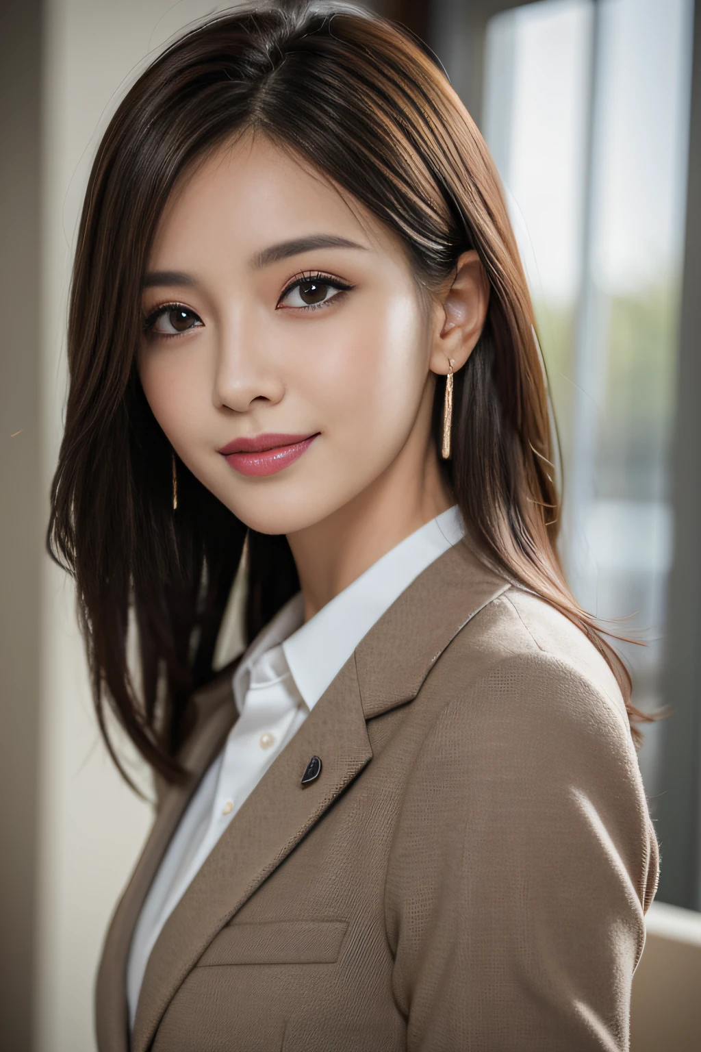 masutepiece, Best Quality, Photorealistic, Ultra-detailed, finely detail, High resolution, 8K Wallpaper, 1 beautiful woman,, light brown messy hair, in a business suit, foco nítido, Perfect dynamic composition, Beautiful detailed eyes, detailed hairs, Detailed realistic skin texture, Smiling, Close-up portrait, Model body type