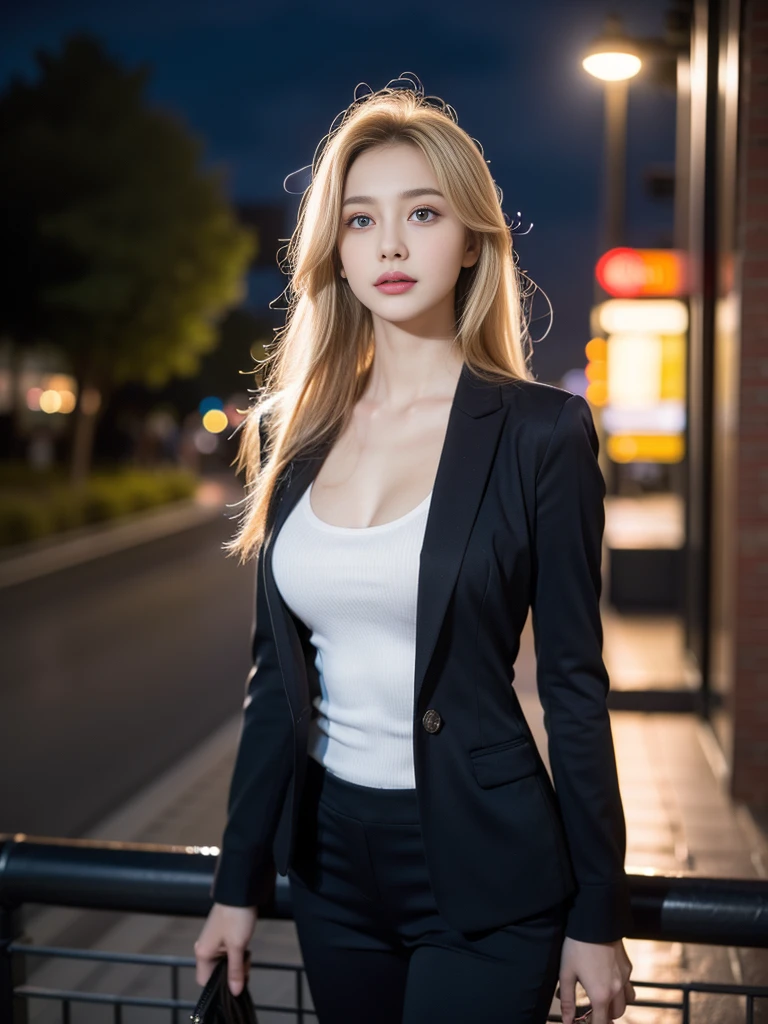 tmasterpiece,Highest image quality,super detailing,(1 Sister), The beautiful, amazing face and eyes, Cosmetics for a refined and beautiful face), (The best look), (Beautiful big breasts:1.1), (Best quality:1.4), (ultra - detailed), (extremely detaild的 CG unified 8k wallpapers), Very meticulous, RAW photos, professional photoshooting, ((buisness suit)), (Open business shirt),blonde with blue eyes,Outdoor sports, (down town, nightcity, rays of moonlight), (nigh sky), depth of fields,