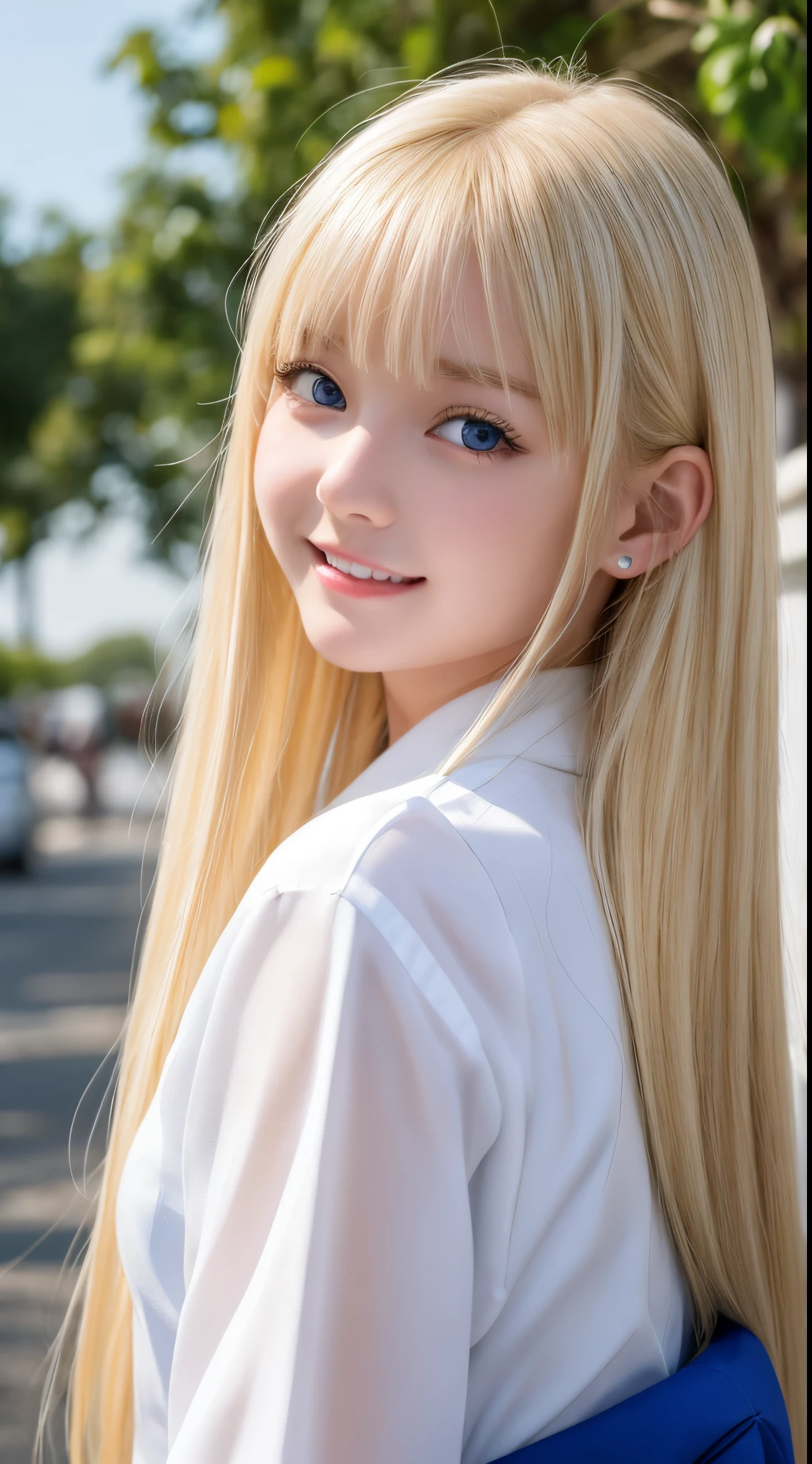 Very beautiful shiny cute face、shiny beautiful white skin、Glowing cheeks、Pale sky blue eyes that shine brightly、Cheek highlights、Gloss Face、Teak Gloss、二重まぶた、Very long shiny dazzling bright blonde silky straight hair、Sexy 18 years old、Cute beautiful girl with long bangs swaying、The most beautiful western blonde girls in the world、Round face、Adorable appearance、Blonde high school student wearing a sailor suit、blonde hair above one eye、Blonde between the eyes、Small face beauty、Smirking expression