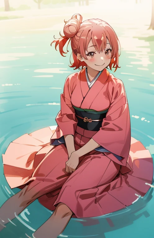 masutepiece, High quality, Best Quality, High resolution, 4K, High Definition, Beautiful lighting,Highly detailed face, well-drawn hands, well-drawn legs,well-drawn feet,well-drawn eyes,1girl in, Short hair, Pink hair, Pink eyes, Yui, Hair bun,red japanese clothes，Kimono，Furisode，long  skirt、-so，Smiling