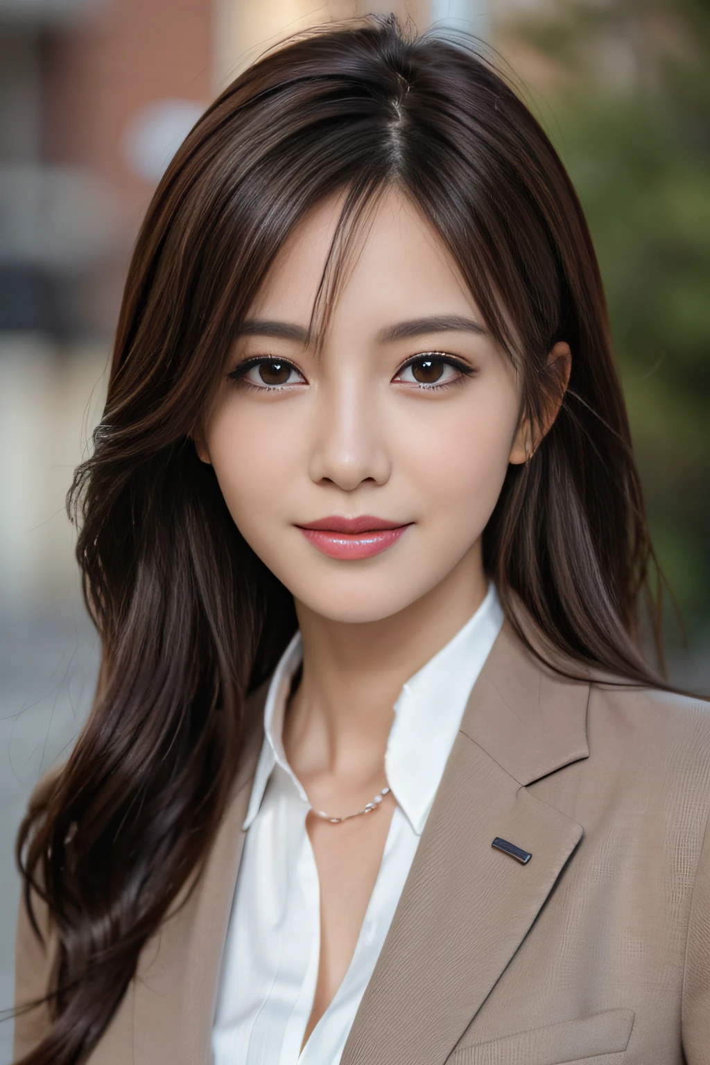 masutepiece, Best Quality, Photorealistic, Ultra-detailed, finely detail, High resolution, 8K Wallpaper, 1 beautiful woman,, light brown messy hair, in a business suit, foco nítido, Perfect dynamic composition, Beautiful detailed eyes, detailed hairs, Detailed realistic skin texture, Smiling, Close-up portrait, Model body type