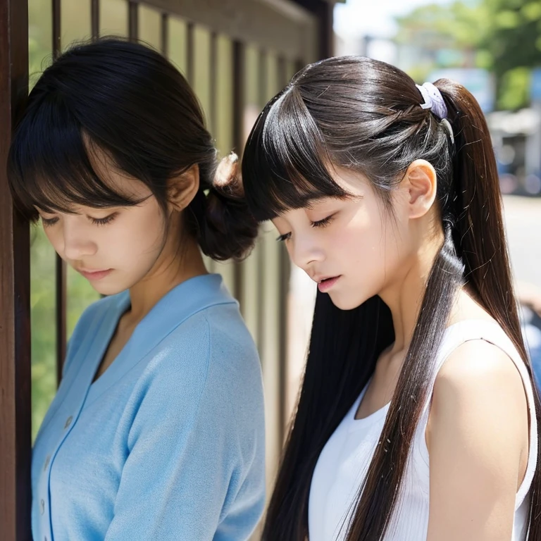 An ultra-high picture quality、Perfect Photo、18-year-old beautiful girl、Japan beautiful girl、hi-school girl、light skinned、slender、Black Haired Beautiful Girl、cute little、Beautuful Women、(((Hair styling)))、((( Putting hair together)))、(Cute and stylish items、(tiny chest)、With bangs、(hate)、(Painful)、(half-opened mouth)、sports hair、Straight hair、glares、