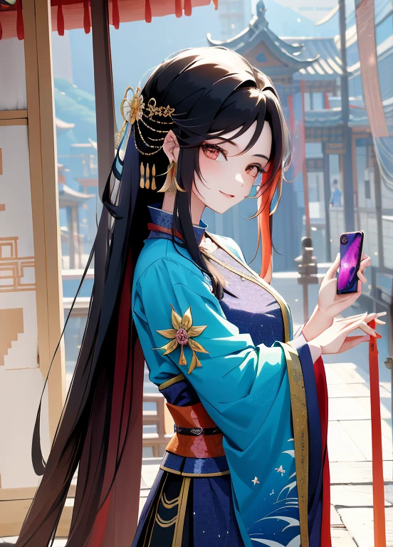 arte de anime digital detalhada，uma imagem，tmasterpiece，Max Detalhe，（melhor qualidade de imagem），Three people take a selfie，（（（（woman on the left|Mulher do meio：2|Woman on the right））），No meio, uma mulher vestida com roupas tradicionais chinesas，Asian woman on the left，Asian woman on the far right,Pose imponente，Da foto China, wuxia de corpo inteiro, Fantasia chinesa, Three futuristic princesses, xianxia fantasia, angulo holandes