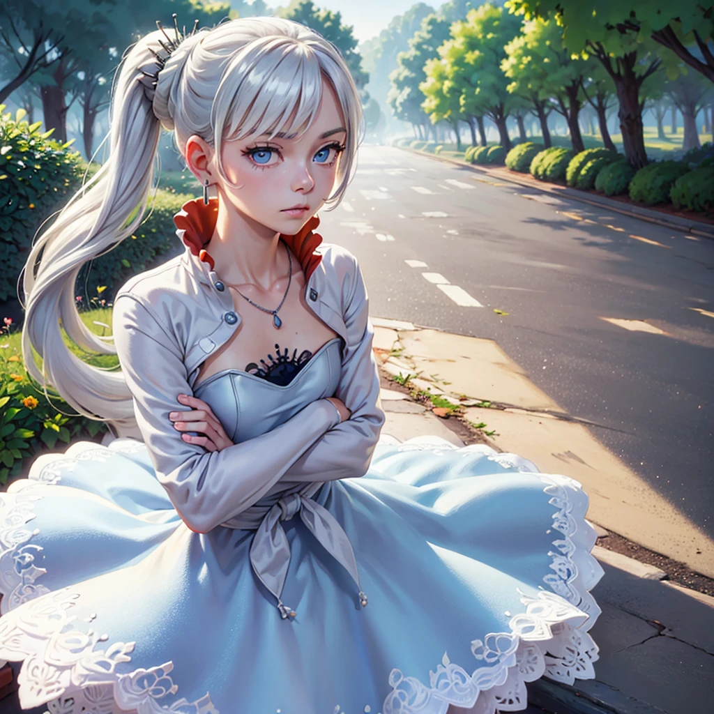 (masterpiece, best quality:1.2), cowboy shot, solo, 1girl, weissvale, expressionless, closed mouth, looking at viewer, crossed arms, long white hair, side ponytail, white dress, jewelry, necklace, earrings, country lane