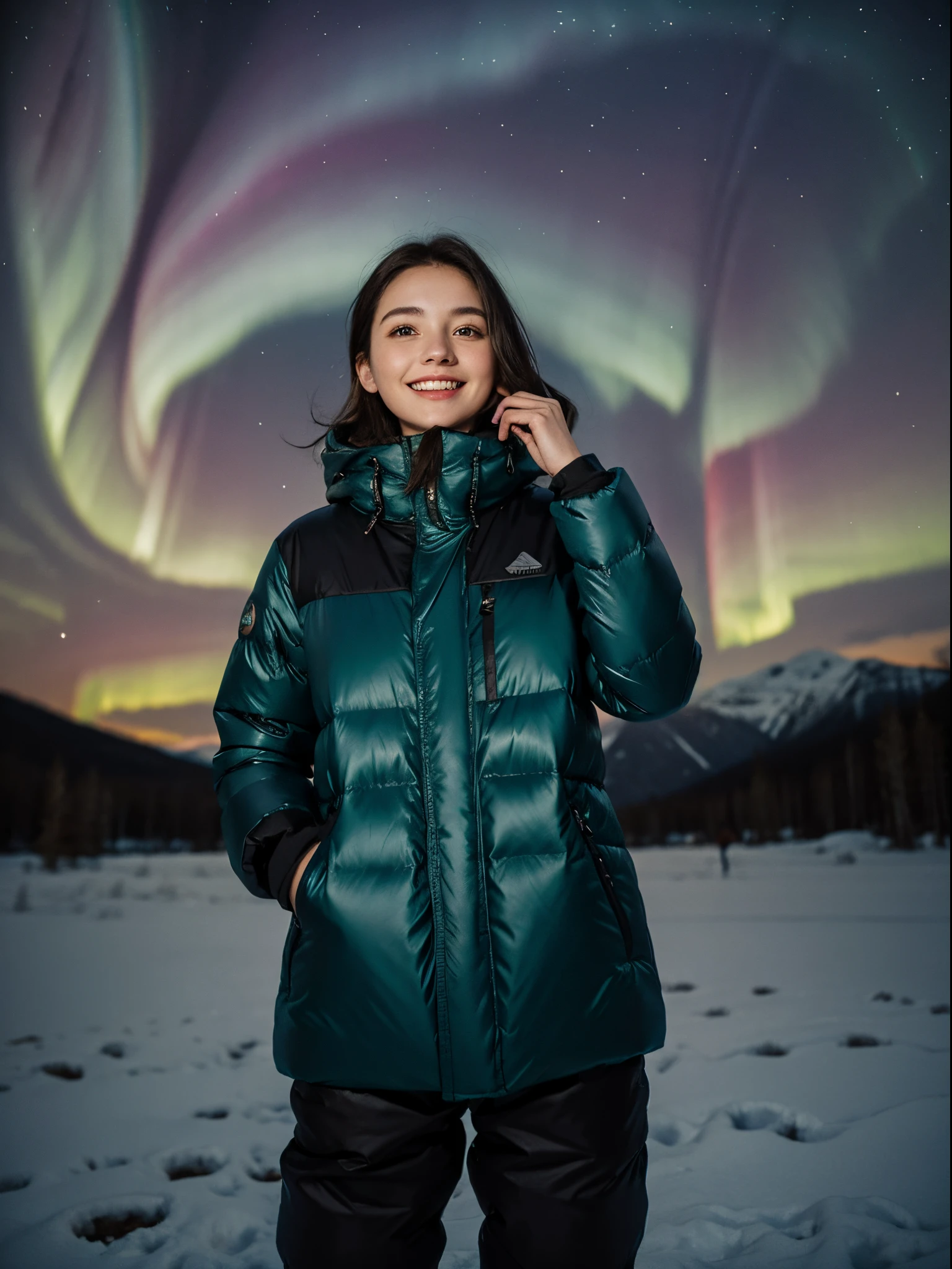 1 European girl, 25 years old, wearing winter outdoor clothes, aurora, look at the camera, traveler, explorer, outdoor, smiling, happy, in the dark, night, dark scene, low key