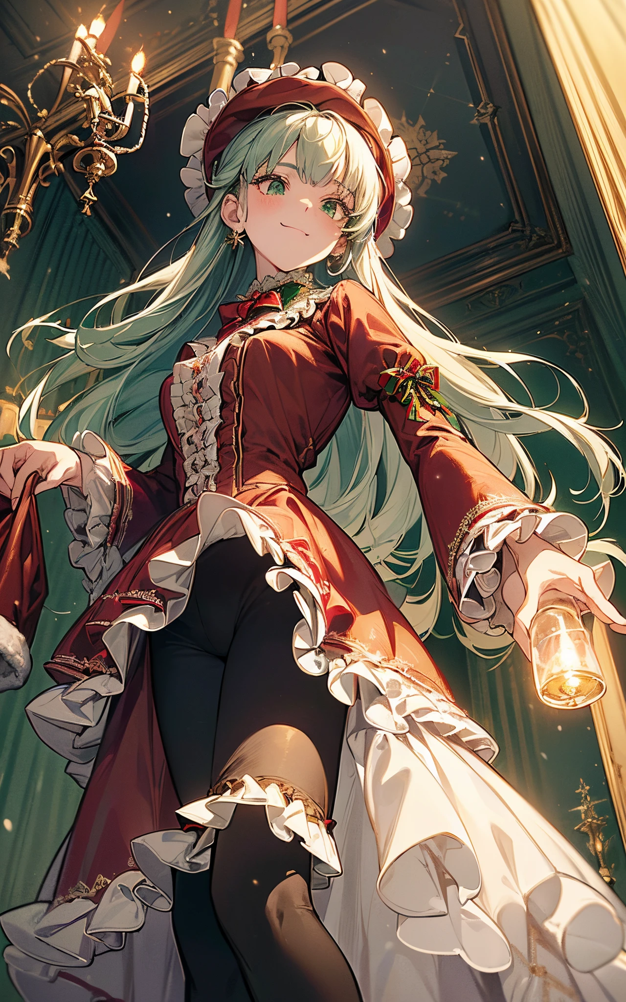 ((from below looking up))、The theme is green、Perfect human body、christmas night、(((He wore a Santa suit decorated with lots of frills.、victorian santa outfit)))、One lady、 (((lighting a candle、candelabra)))、A slight smil、 (long skirt)、hair adornments、kirakira、Black tights、Falling snow、large hat