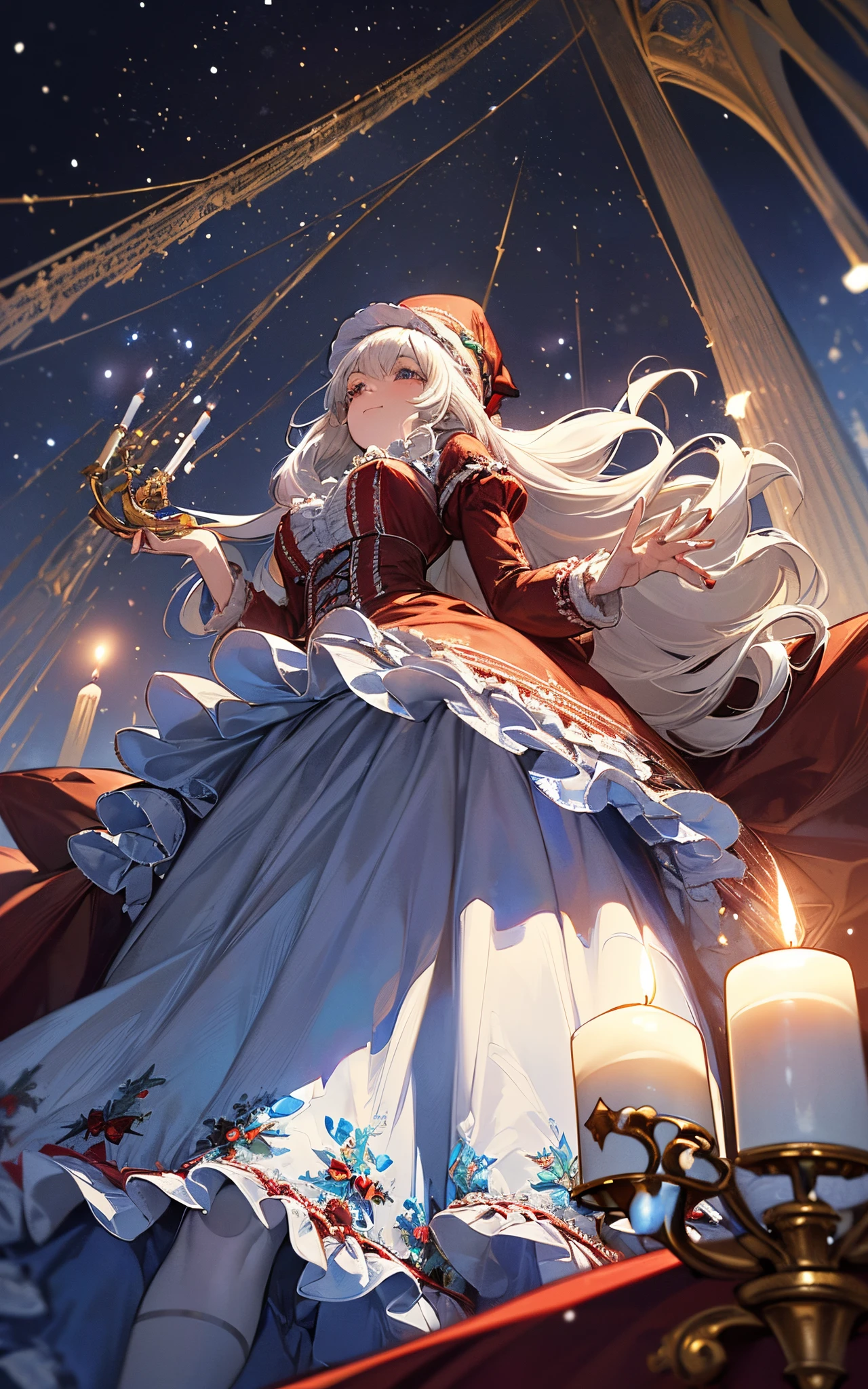 ((from below looking up))、Theme is blue、Perfect human body、christmas night、(((He wore a Santa suit decorated with lots of frills.、victorian santa outfit)))、One lady、 (((lighting a candle、candelabra)))、A slight smil、 (((long skirt)))、hair adornments、kirakira、Black tights、Falling snow、large hat