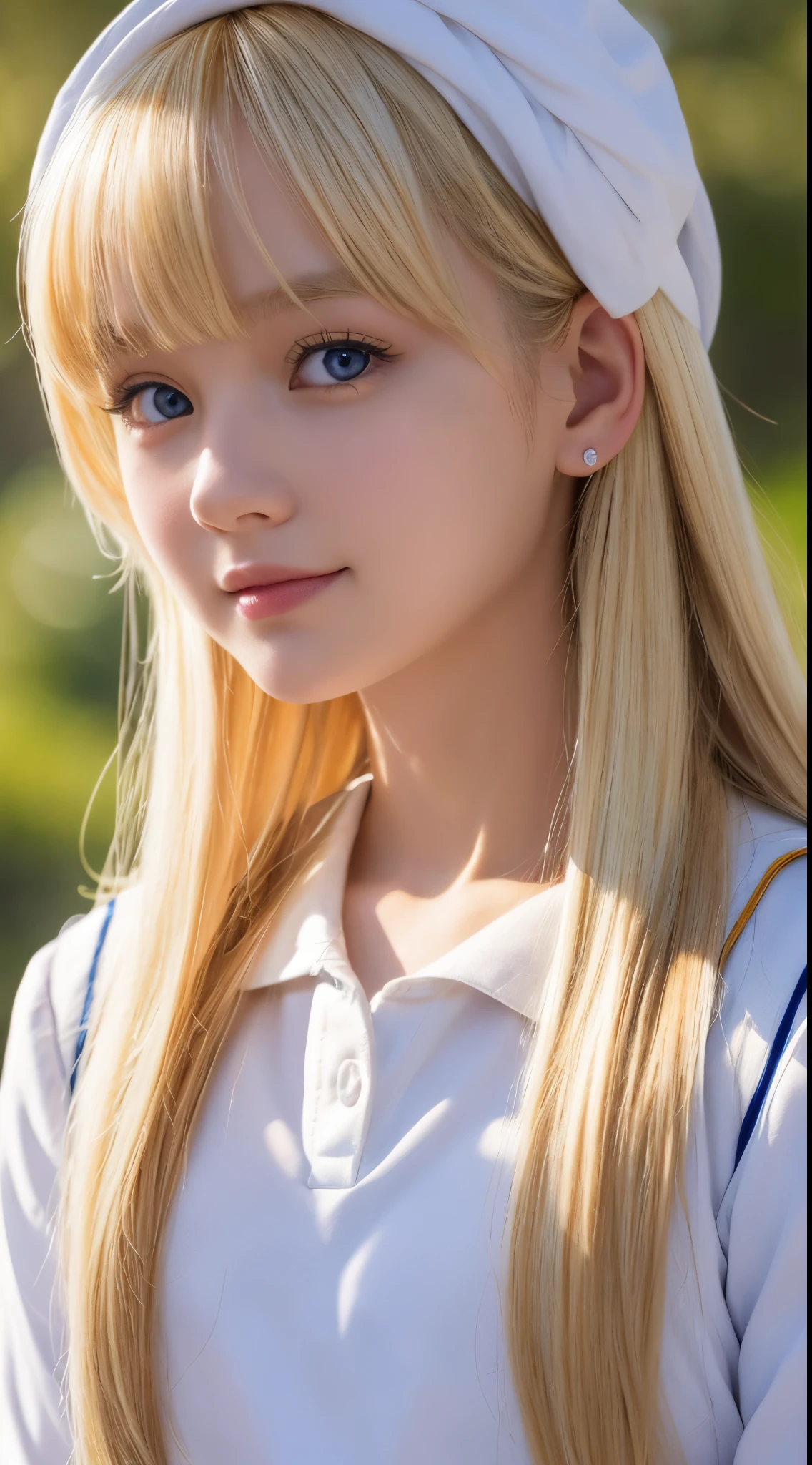 Very beautiful shiny cute face、shiny beautiful white skin、Glowing cheeks、Pale sky blue eyes that shine brightly、Cheek highlights、Gloss Face、Teak Gloss、二重まぶた、Very long shiny dazzling bright blonde silky straight hair、Sexy 18 years old、Cute beautiful girl with long bangs swaying、The most beautiful western blonde girls in the world、Round face、Adorable appearance、Blonde high school student wearing a sailor suit、blonde hair above one eye、Blonde between the eyes、Small face beauty、Smirking expression