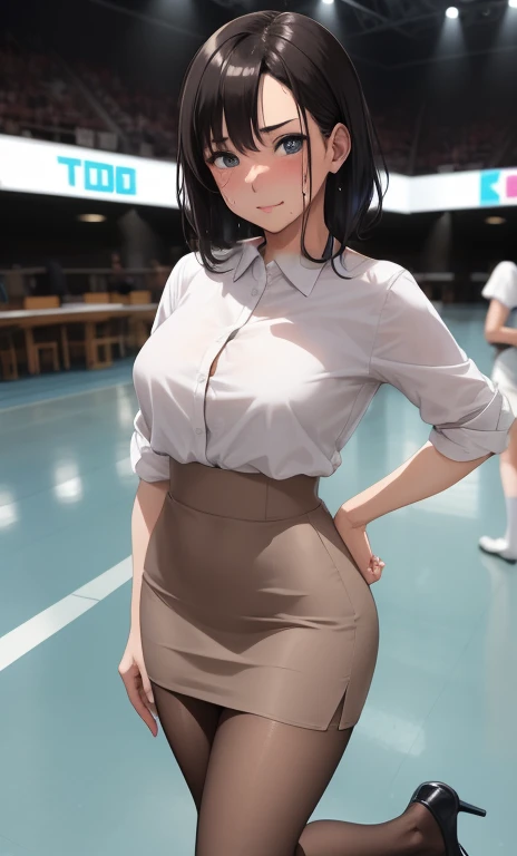 ((Masterpiece)), perfect anatomy, perfect shading, field of depth, (best quality), extremely delicate and beautiful, perfect lighting, detailed face, ultra cute face, cute, (cowboy shot 1.2), looking at viewer, full body, (((1girl))), (((solo))), cheerleader

 medium hair, fluffy hair, black hair, brown eyes, ((blush)), (cheerleader uniform), (white tank top 1.2), (short section red skirt 1.2), thigh highs, chocker, extremely tight clothes, small breasts, cleavage, perky breasts, (wide hips), (((thick thighs))),

 School gym, intricate background, detailed background, sweaty, out of breath, hands on hip