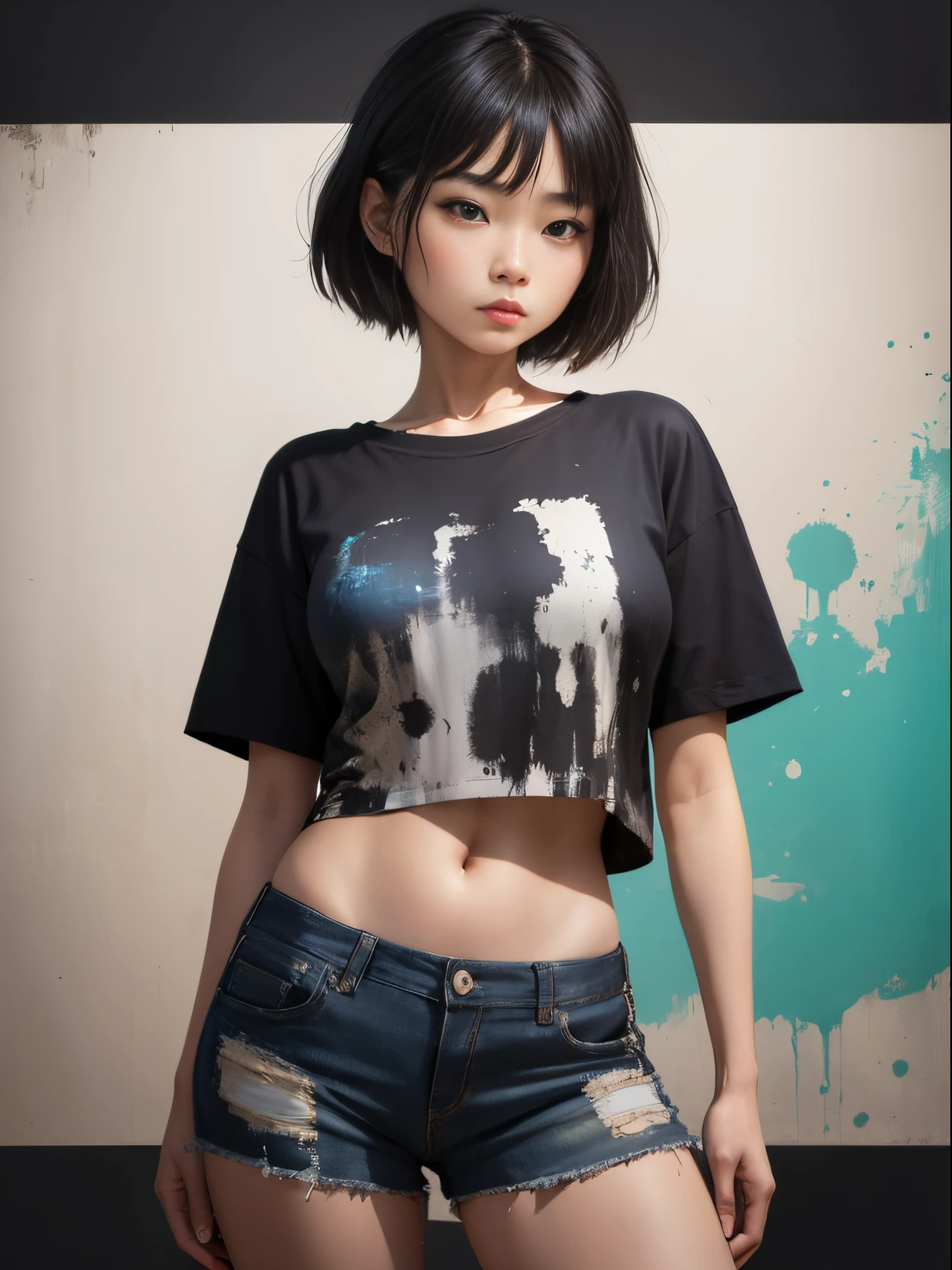 esthetic, painterly style, tinta moderna, Asian girl, , , blusa escura, pose expressiva, Urbanpunk, fundo multicamadas abstrato da textura, neo-expressionista , Moinhos Russ, Ian Monteiro