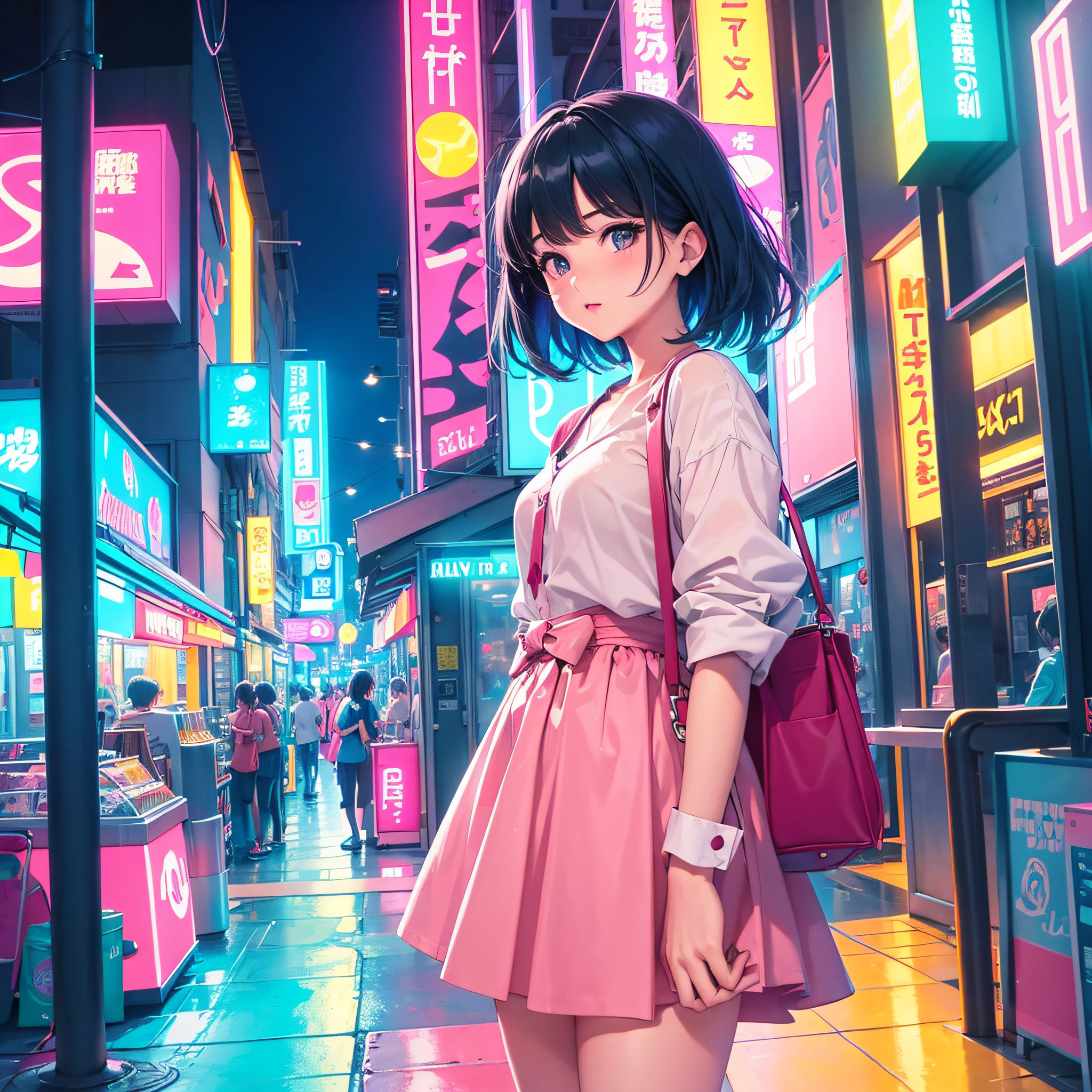 a beauty girl　bangss　Vivid　City Pop　Neon Street　 colourfull　lo fi　Retro