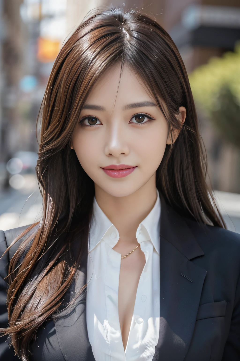 masutepiece, Best Quality, Photorealistic, Ultra-detailed, finely detail, High resolution, 8K Wallpaper, 1 beautiful woman,, light brown messy hair, in a business suit, foco nítido, Perfect dynamic composition, Beautiful detailed eyes, detailed hairs, Detailed realistic skin texture, Smiling, Close-up portrait, Model body type