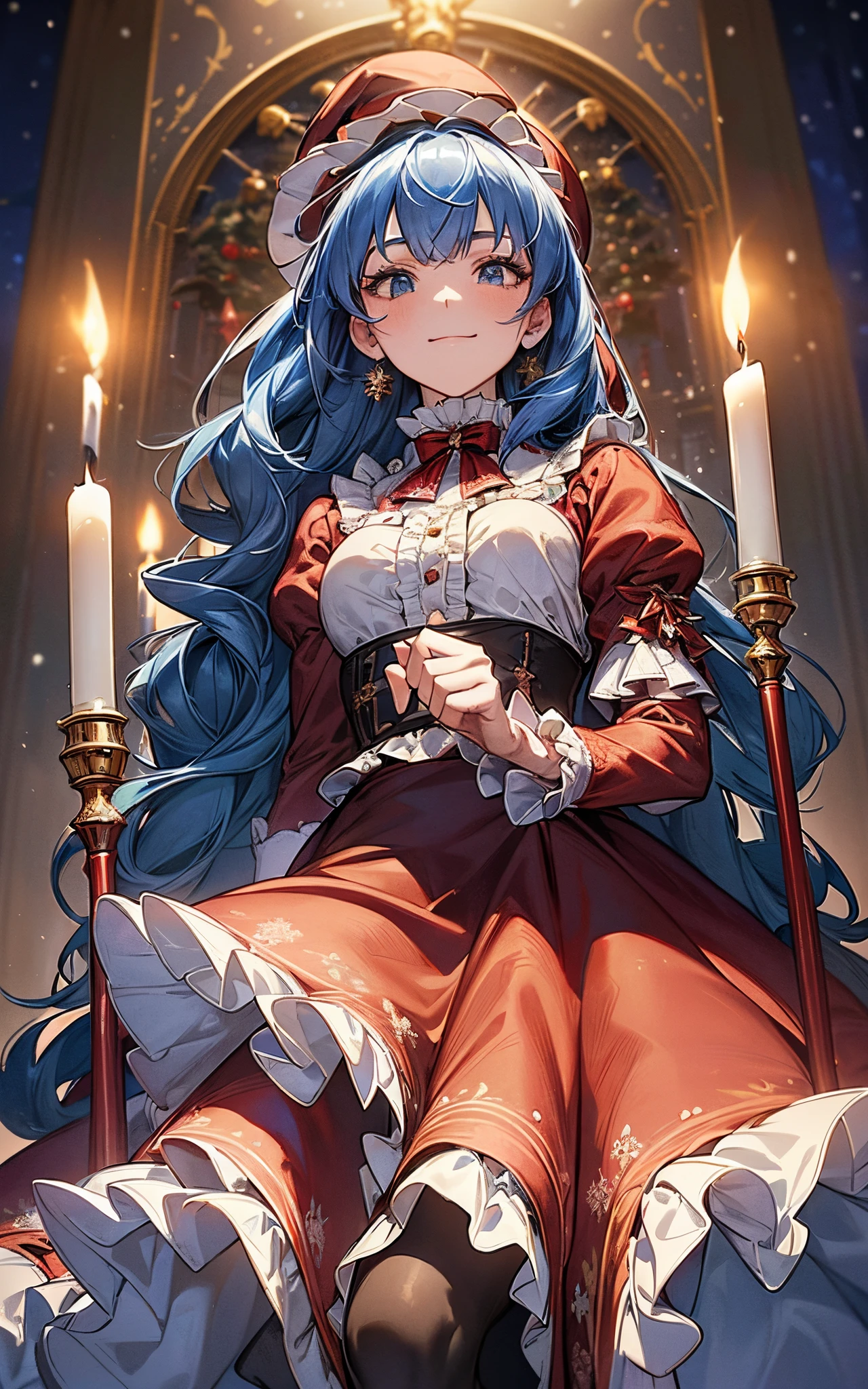 ((from below looking up))、、a closeup、blue hair and clothes、Perfect human body、christmas night、(((He wore a Santa suit decorated with lots of frills.、victorian santa outfit)))、One lady、 (((lighting a candle、candelabra)))、A slight smil、 (((long  skirt)))、hair adornments、kirakira、Black tights、Falling snow、large hat