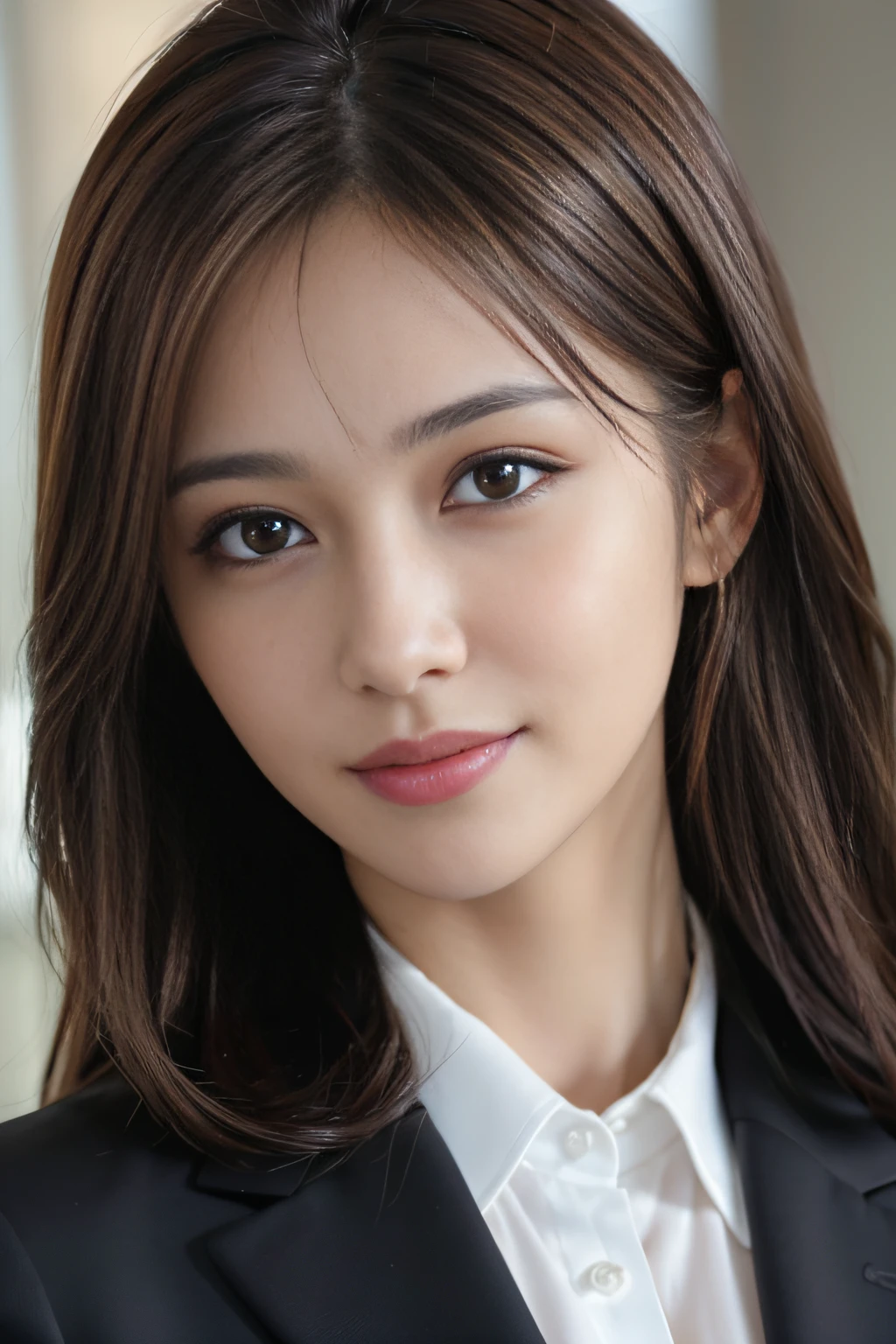 masutepiece, Best Quality, Photorealistic, Ultra-detailed, finely detail, High resolution, 8K Wallpaper, 1 beautiful woman,, light brown messy hair, in a business suit, foco nítido, Perfect dynamic composition, Beautiful detailed eyes, detailed hairs, Detailed realistic skin texture, Smiling, Close-up portrait, Model body type