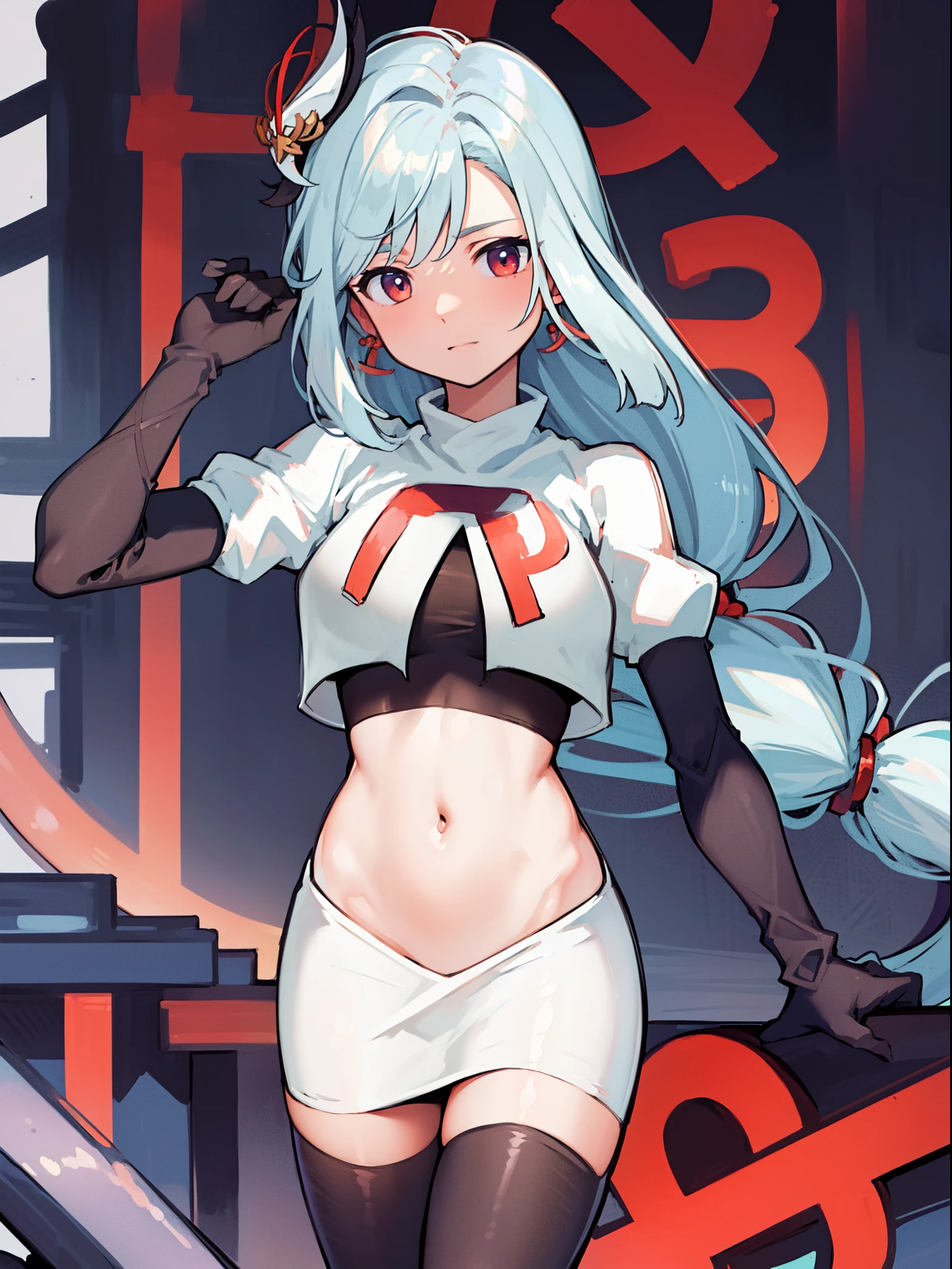 masterpiece, best quality, shenhe \(genshin impact\), long hair, 1girl, solo, earrings, hair ornament, team rocket,team rocket uniform, red letter R, white skirt,white crop top,black thigh-highs,black elbow gloves
