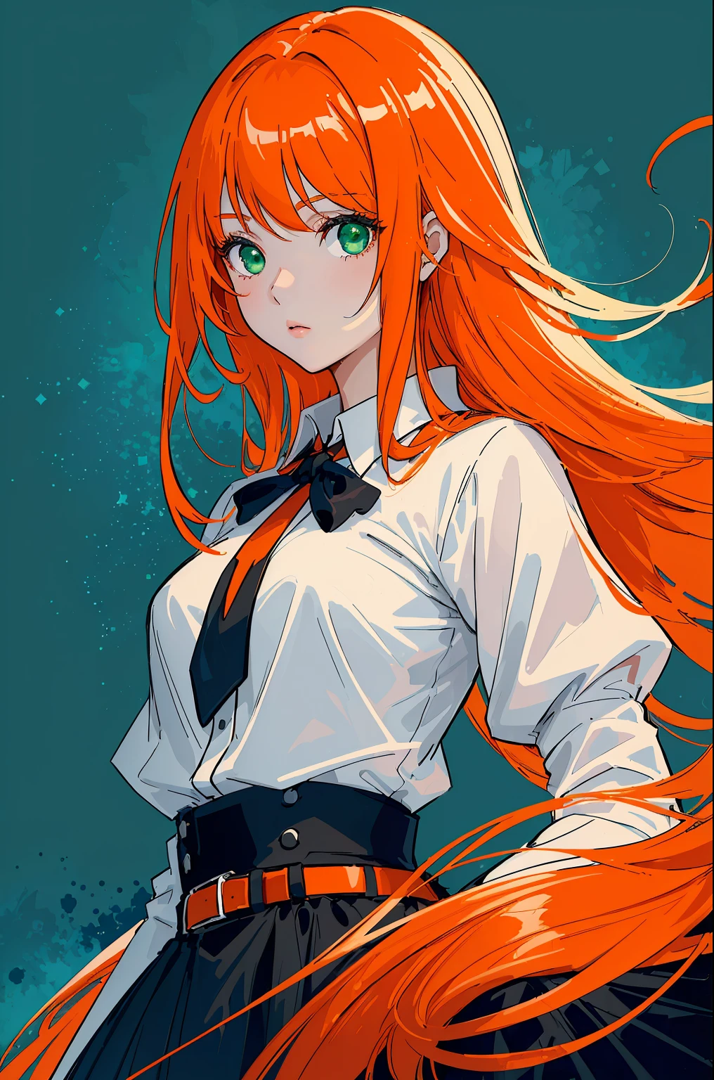 ((tmasterpiece, beste-Qualit)), a 1girl, High, a cute young woman, long orange hair with red undertones, white  shirt, gown, black belt with garters, body and face close up, drawn eyes and hands, Beautiful Black Dress, green colored eyes