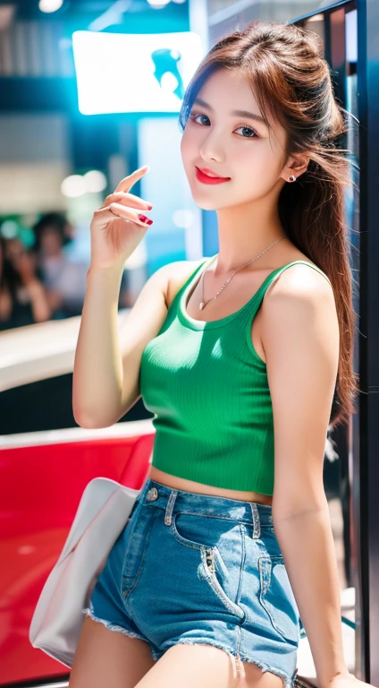 (best quality,4k,8k,highres,masterpiece:1.2),ultra-detailed,(realistic,photorealistic,photo-realistic:1.37), Idol, sitting on a chair, Korean girl, with a slim face, mesmerizing blue eyes, and luscious red lips, showcasing her elegant beauty. She has a slim and well-toned body, exuding confidence and grace. The idol is dressed in a stylish tank top and trendy hot pants, accentuating her youthful energy and fashionable sense. The lighting highlights her flawless complexion and enhances the vibrant colors of her outfit. The artwork is rendered with extreme attention to detail, capturing every nuance of her features and delicate expression. The overall image exudes a photorealistic charm, as if it was captured by a professional portrait photographer. The vibrant colors and sharp focus add to the lively and captivating atmosphere.