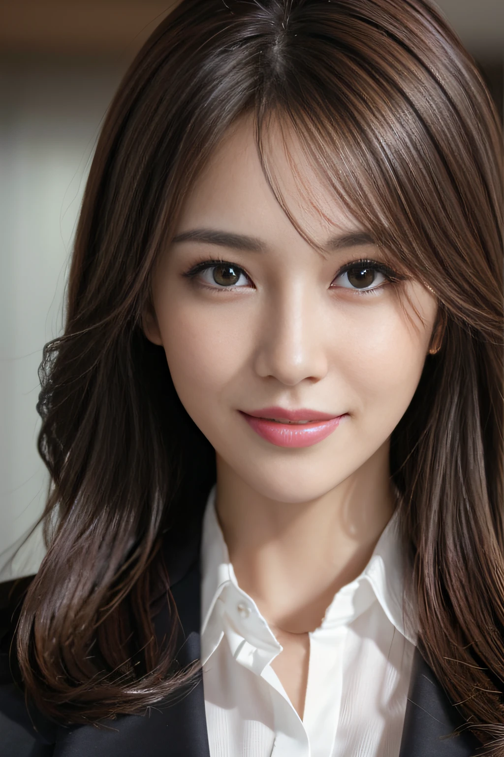 masutepiece, Best Quality, Photorealistic, Ultra-detailed, finely detail, High resolution, 8K Wallpaper, 1 beautiful woman,, light brown messy hair, in a business suit, foco nítido, Perfect dynamic composition, Beautiful detailed eyes, detailed hairs, Detailed realistic skin texture, Smiling, Close-up portrait, Model body type