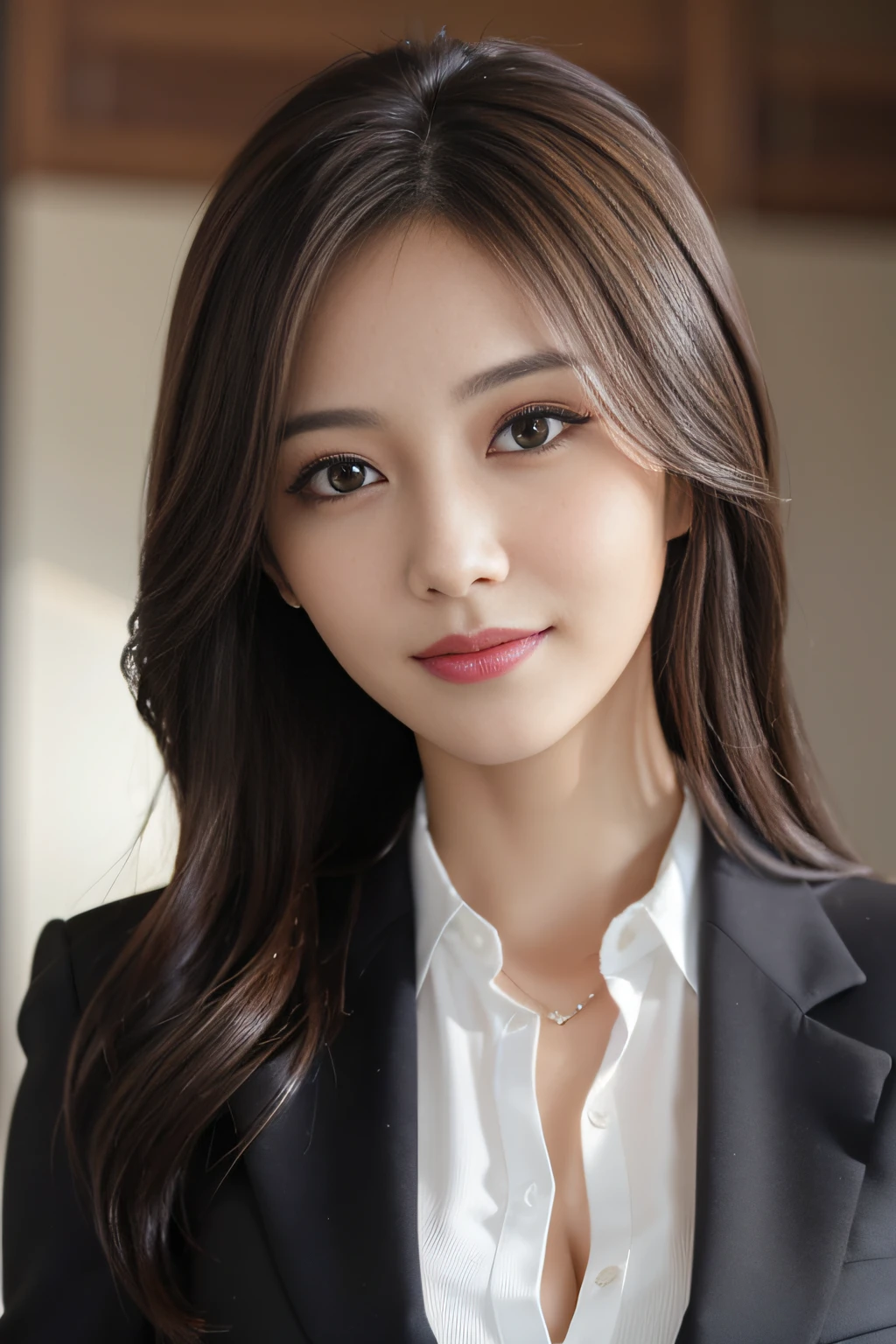 masutepiece, Best Quality, Photorealistic, Ultra-detailed, finely detail, High resolution, 8K Wallpaper, 1 beautiful woman,, light brown messy hair, in a business suit, foco nítido, Perfect dynamic composition, Beautiful detailed eyes, detailed hairs, Detailed realistic skin texture, Smiling, Close-up portrait, Model body type