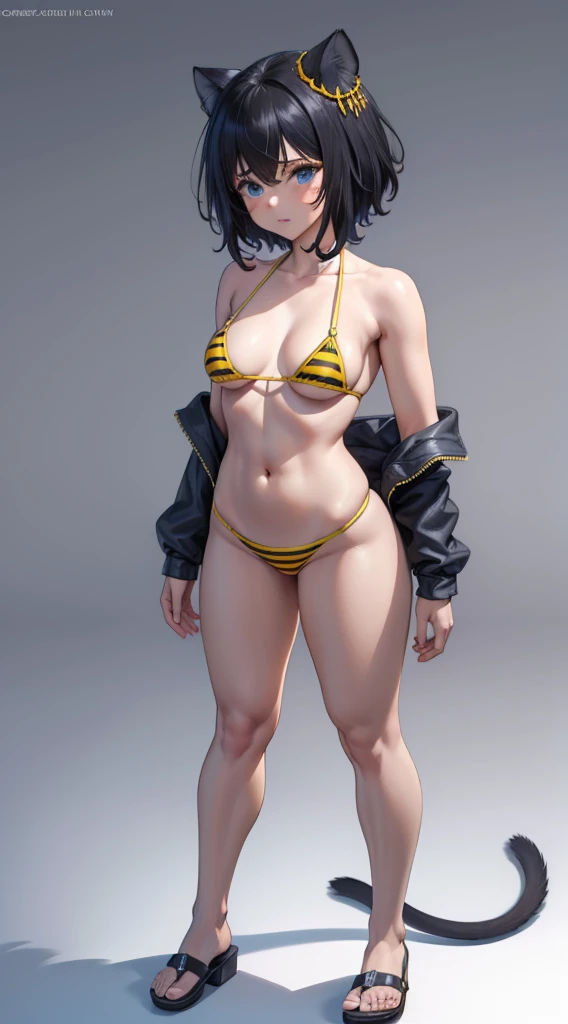 white background, full body standing on, yellow tiger bikini, 1girl, fran, long cat tail, sandals, cat ears, black hair, blue eyes, tail, hair ornament, crossed bangs, animal ear fluff, short hair, small breastantasy