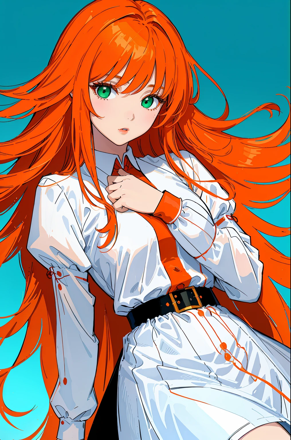 ((tmasterpiece, beste-Qualit)), a 1girl, High, a cute young woman, long orange hair with red undertones, white shirt, gown, black belt with garters, body and face close up, drawn eyes and hands, Beautiful red dress, green colored eyes