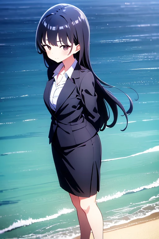 1girl, anna yamada, beach background, suit, office lady, black skirt, black blazer, pencil skirt, white shirt, long hair, ager, looking at viewer, full body
