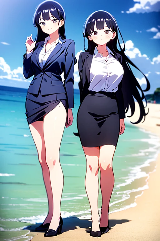 1girl, anna yamada, beach background, suit, office lady, black skirt, black blazer, pencil skirt, white shirt, long hair, teenager, looking at viewer, full body